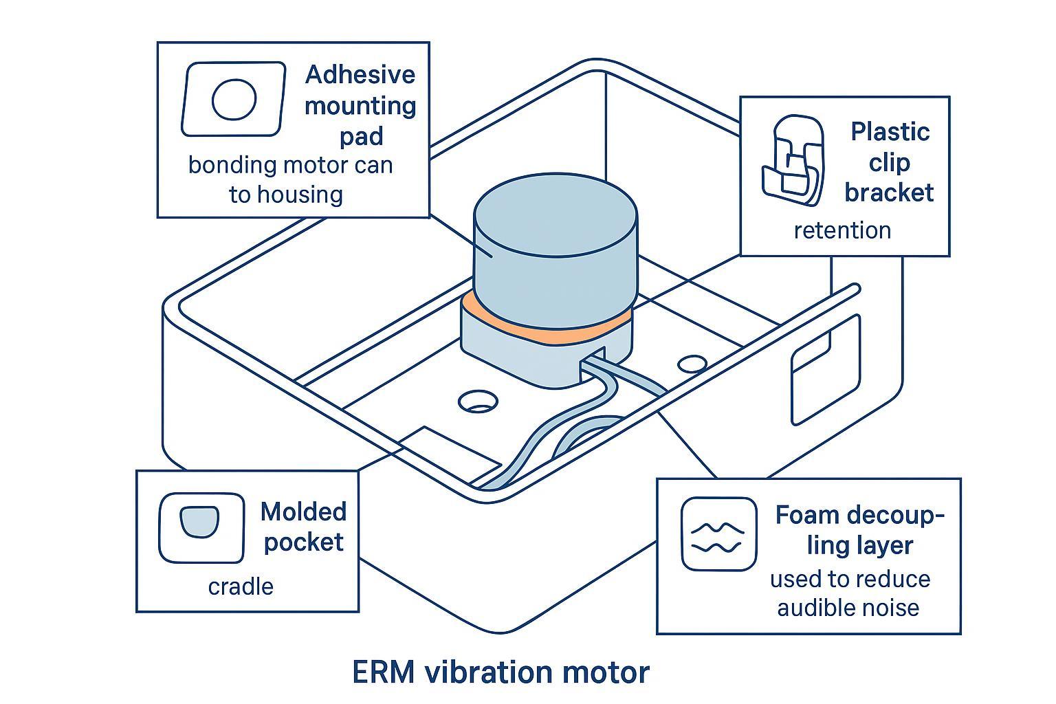 A cutaway diagram showing ERM mounting: adhesive, clip, pocket, and foam decoupling