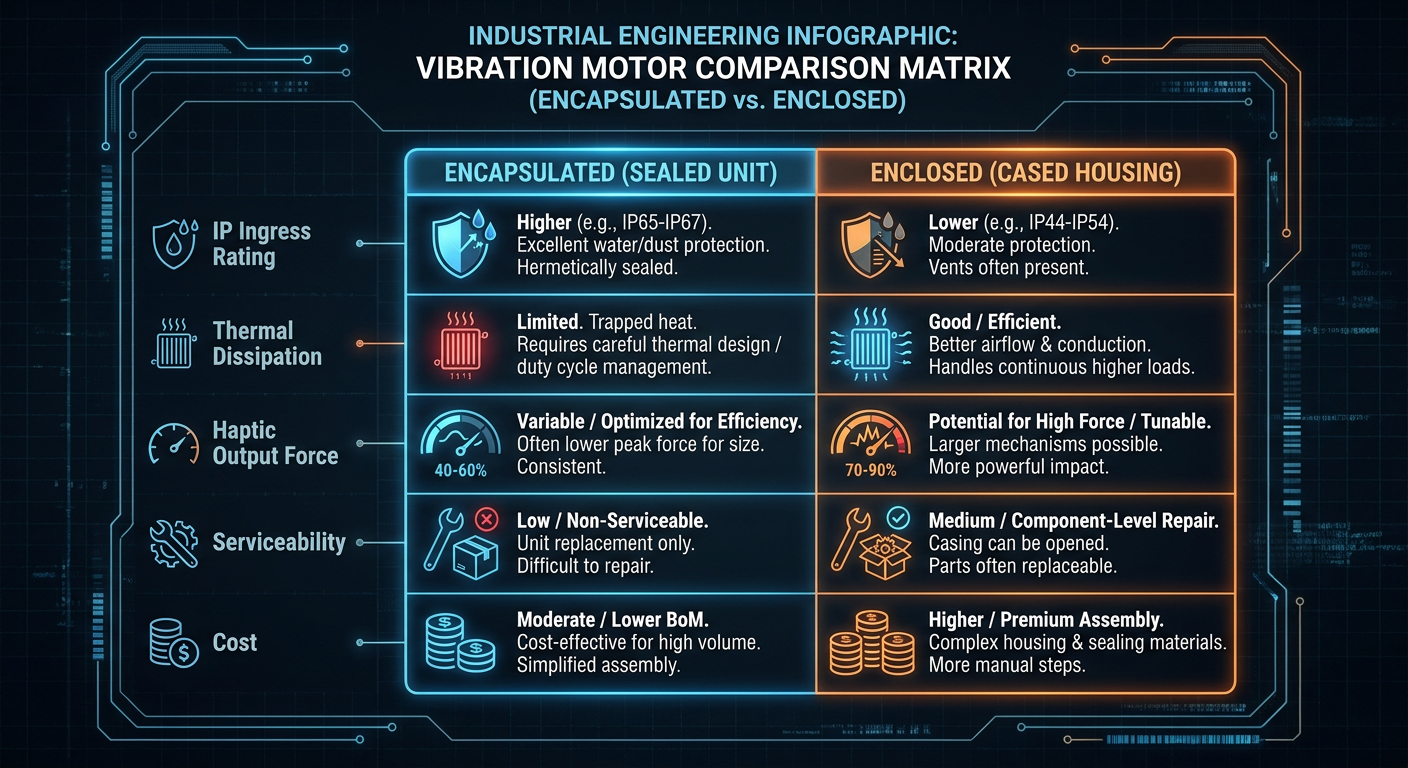 A matrix comparing IP level, thermal dissipation, haptic output, serviceability, and cost for encapsulated vs enclosed