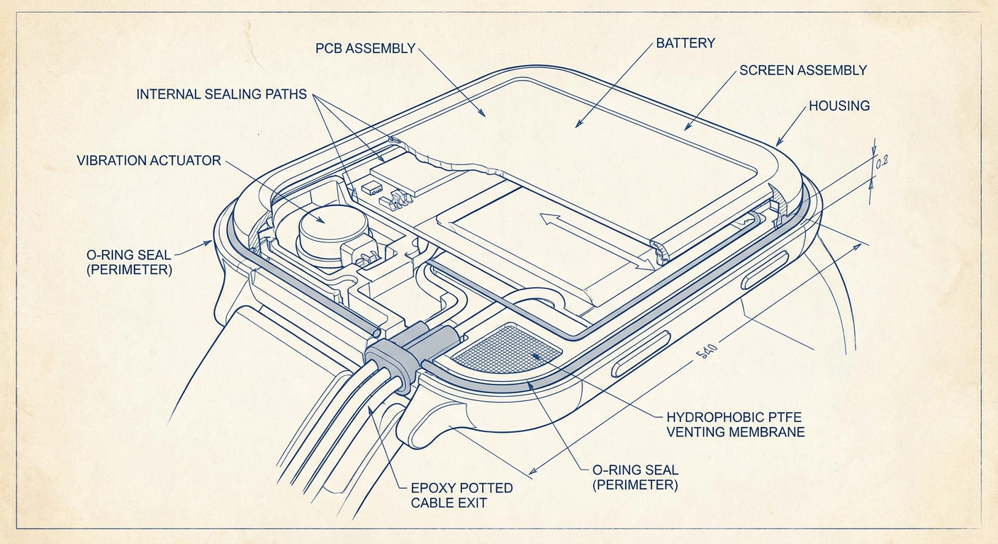 Wearable device cross-section diagram illustrating actuator placement, sealing paths, potted cable exits, and hydrophobic venting options
