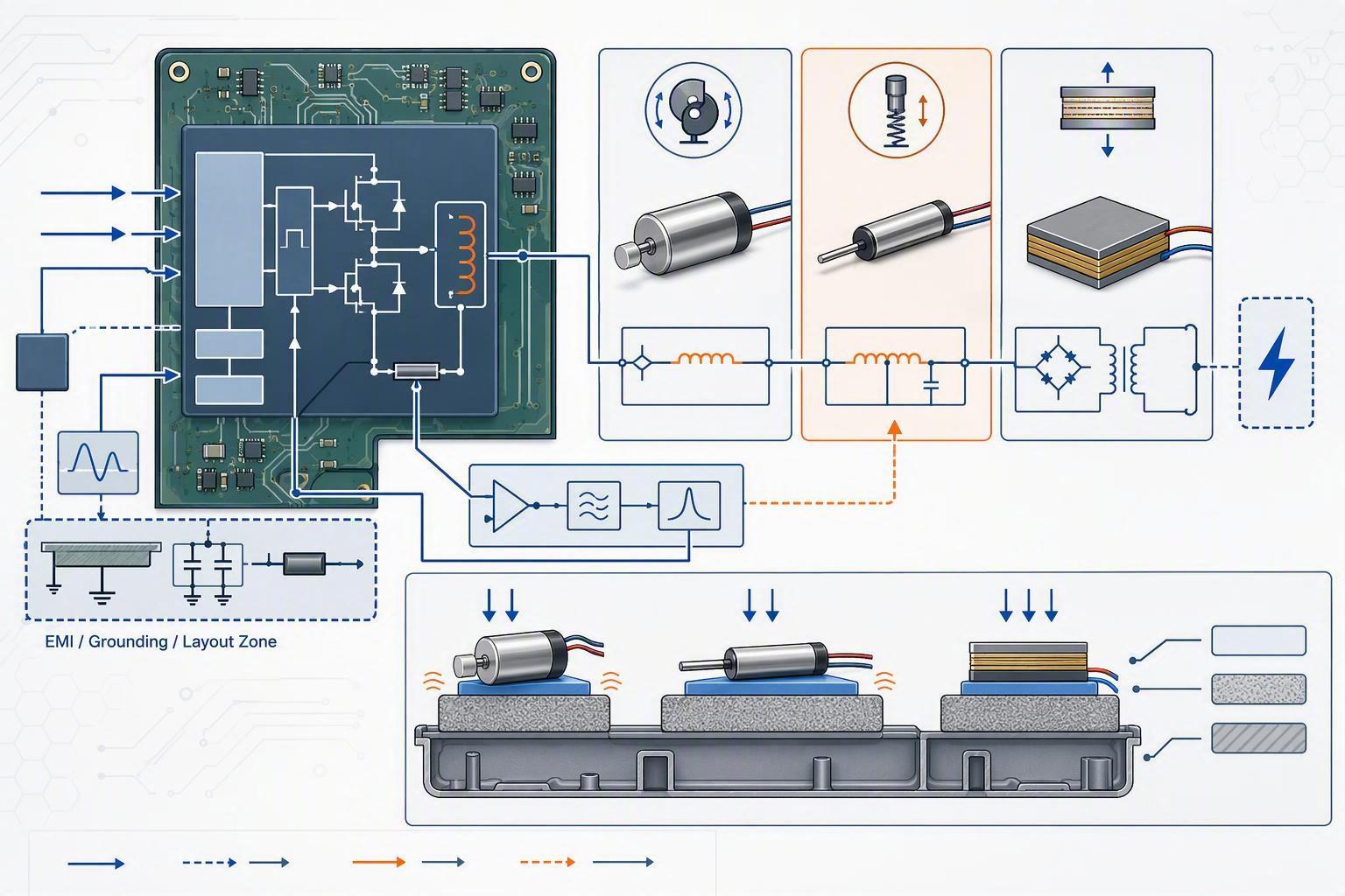 Driver-actuator-mechanical coupling integration stack showing resonance tracking, HV piezo considerations, and EMI layout