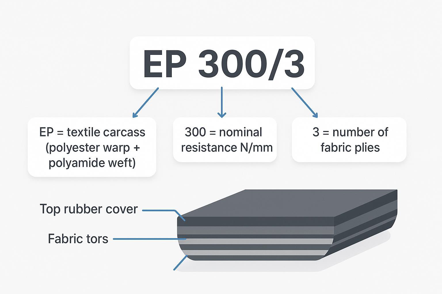 Esquema de lectura de la designación EP 300/3 con explicación de EP, 300 y 3 lonas