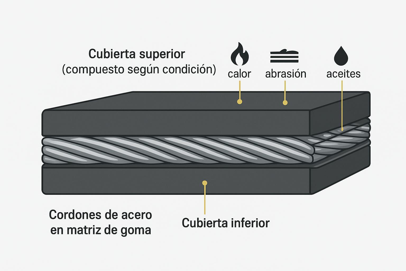 Esquema de sección de una banda ST mostrando cubiertas y cordones de acero con etiquetas en español.