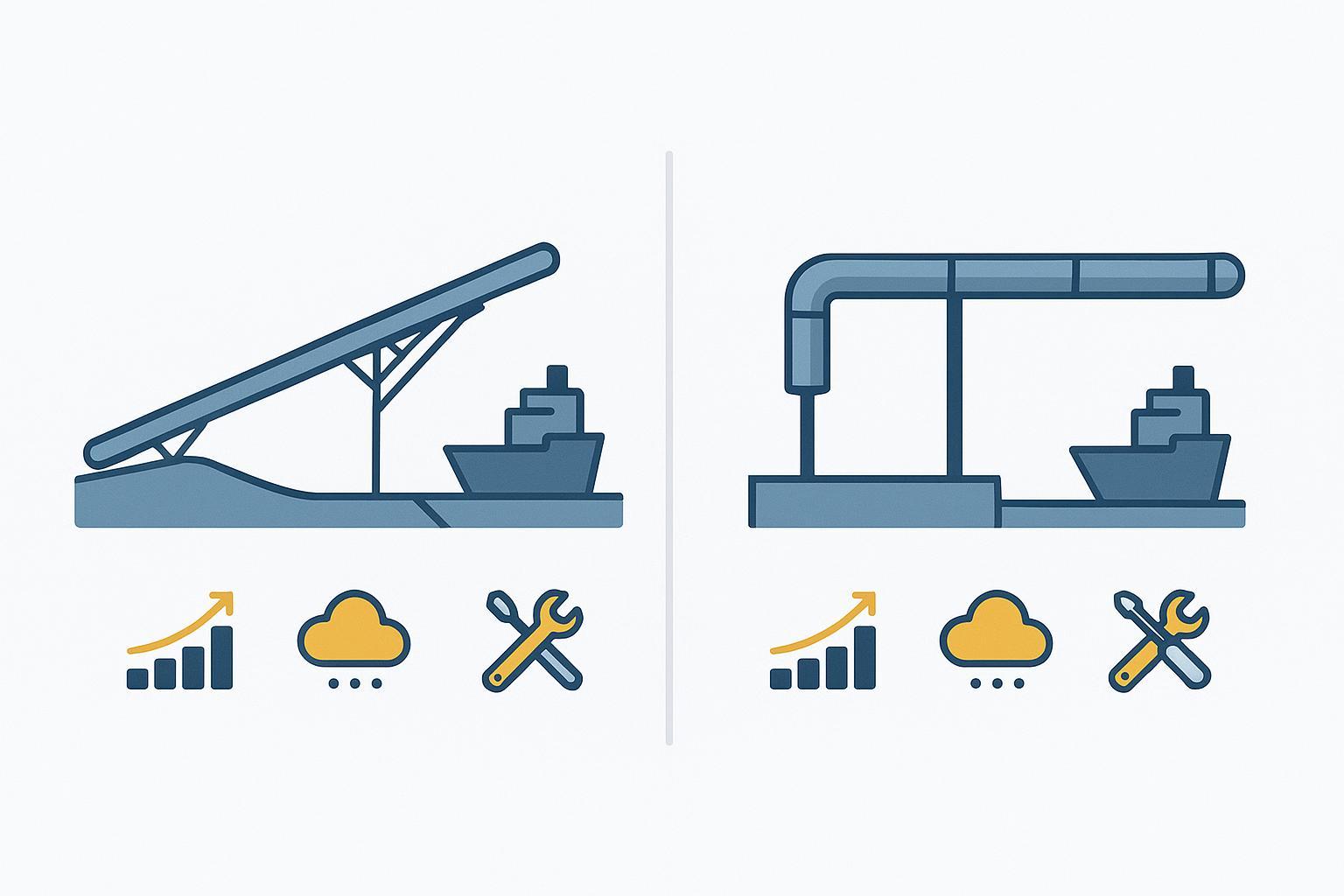 Diagrama comparativo de trayectorias overland vs. muelle con banda tubular encapsulada.