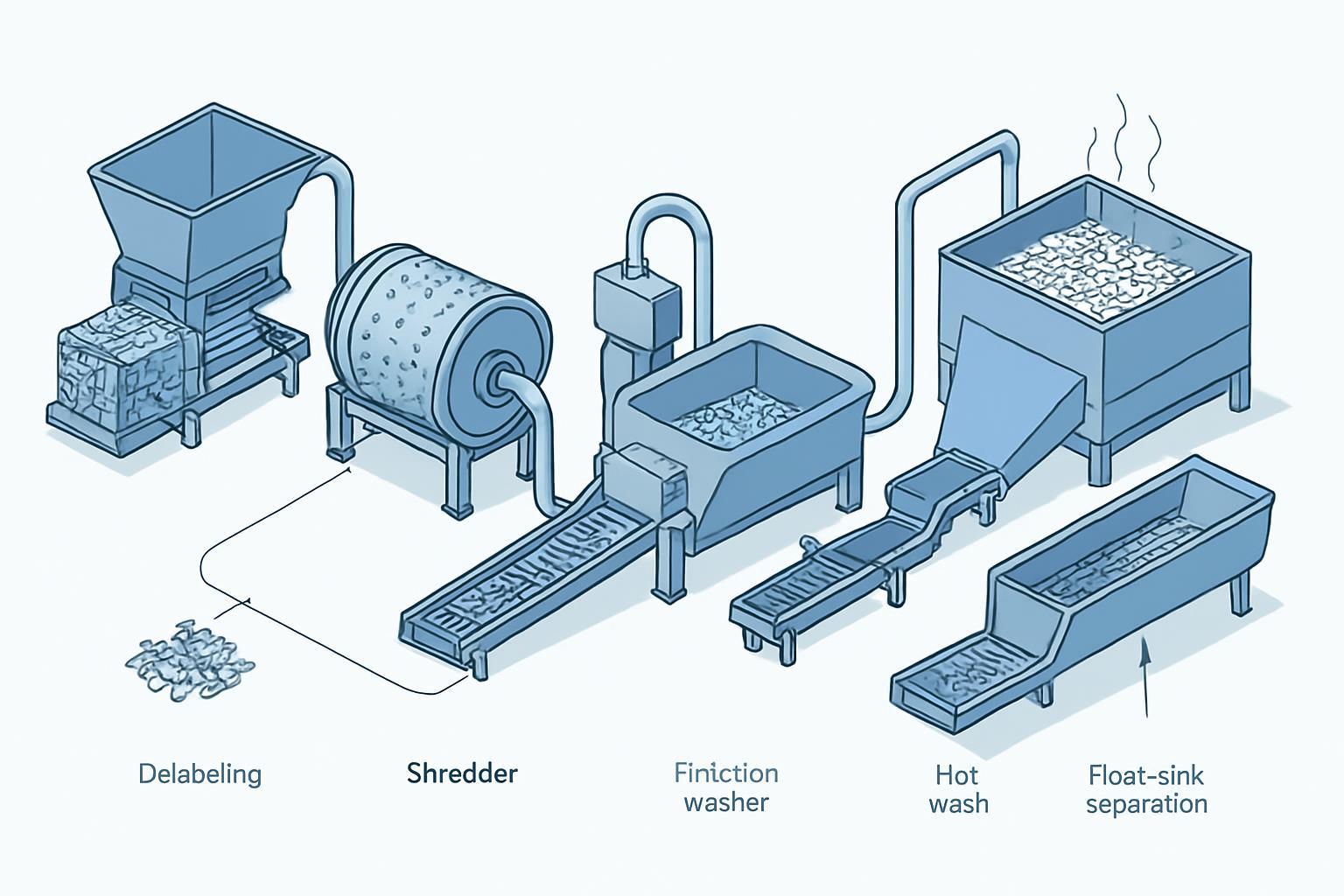 How to remove labels from PET bottles in recycling: PET wash line delabeling and separation