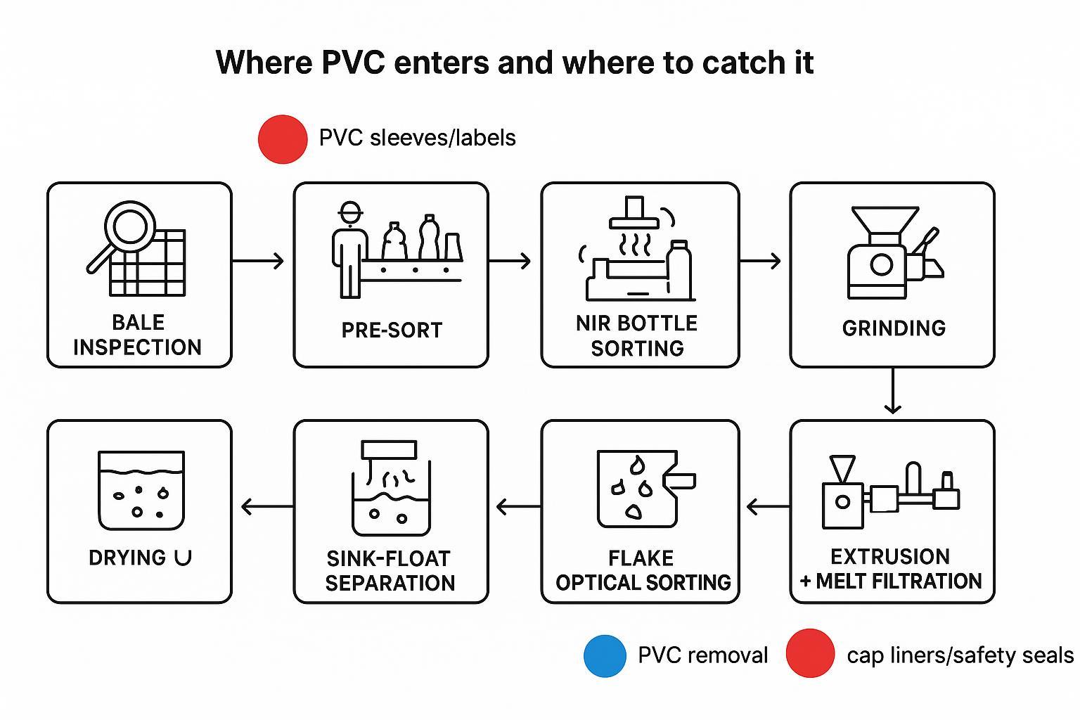 PVC contamination in PET recycling: how to detect it, stop it, and protect rPET quality | Elant Machinery PVC contamination in PET recycling checkpoints across a PET recycling line