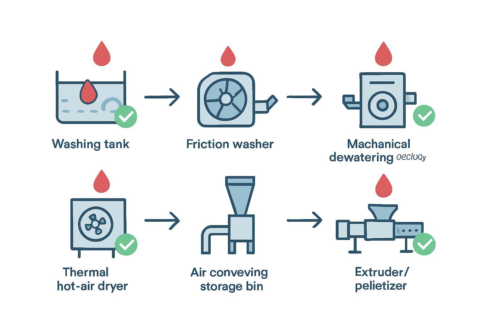 How to reduce film moisture before pelletizing (operator-grade guide) | Elant Machinery Diagram showing where moisture is removed and where it can re-enter a plastic film recycling line before pelletizing