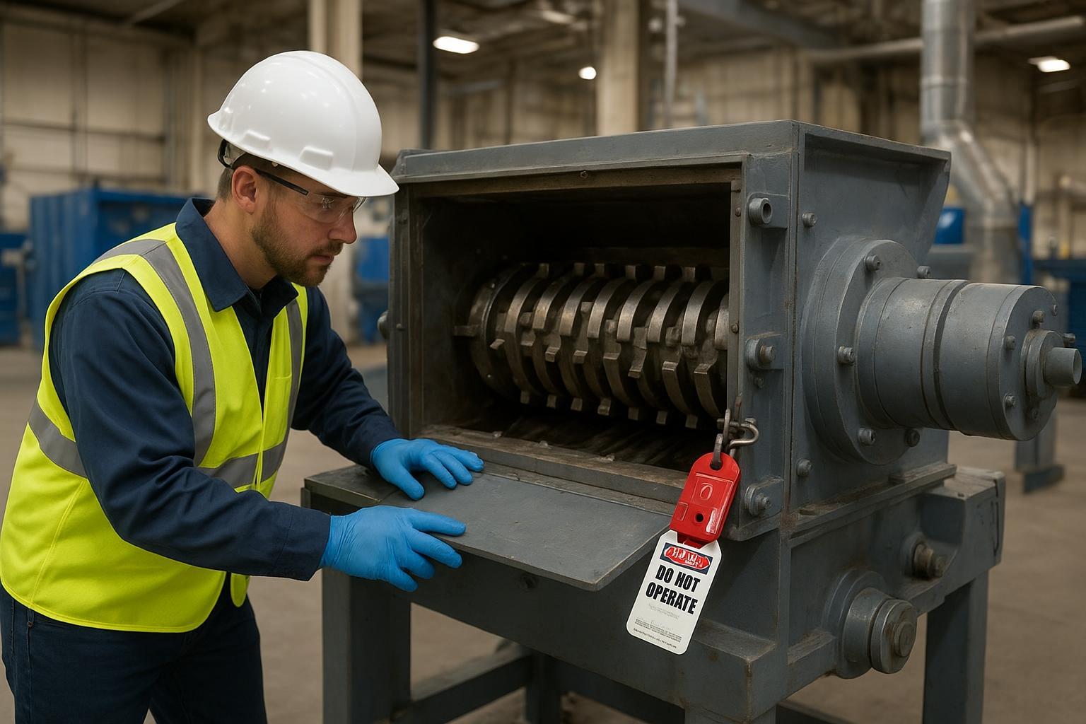 Plastic shredder maintenance checklist: a practical PM plan for uptime | Elant Machinery Plastic shredder maintenance checklist cover image: technician performing lockout/tagout inspection on an industrial shredder