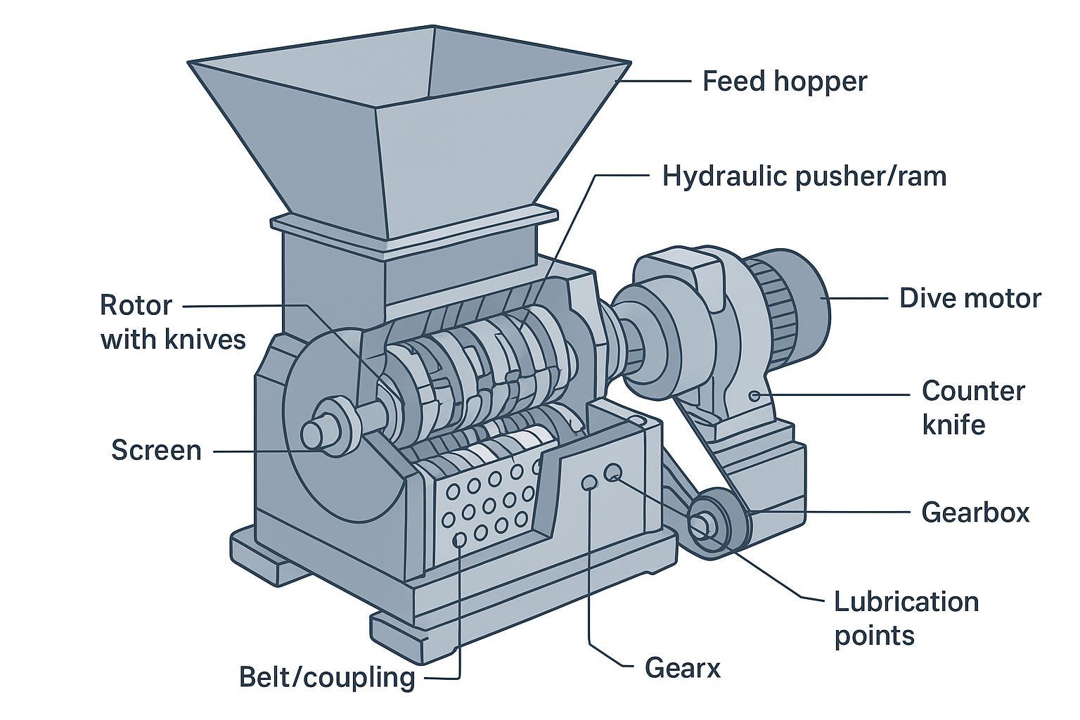 Plastic shredder maintenance checklist: a practical PM plan for uptime | Elant Machinery Diagram of single-shaft shredder maintenance checkpoints: rotor knives, counter knife, screen, bearings, drive, hydraulics and lubrication points