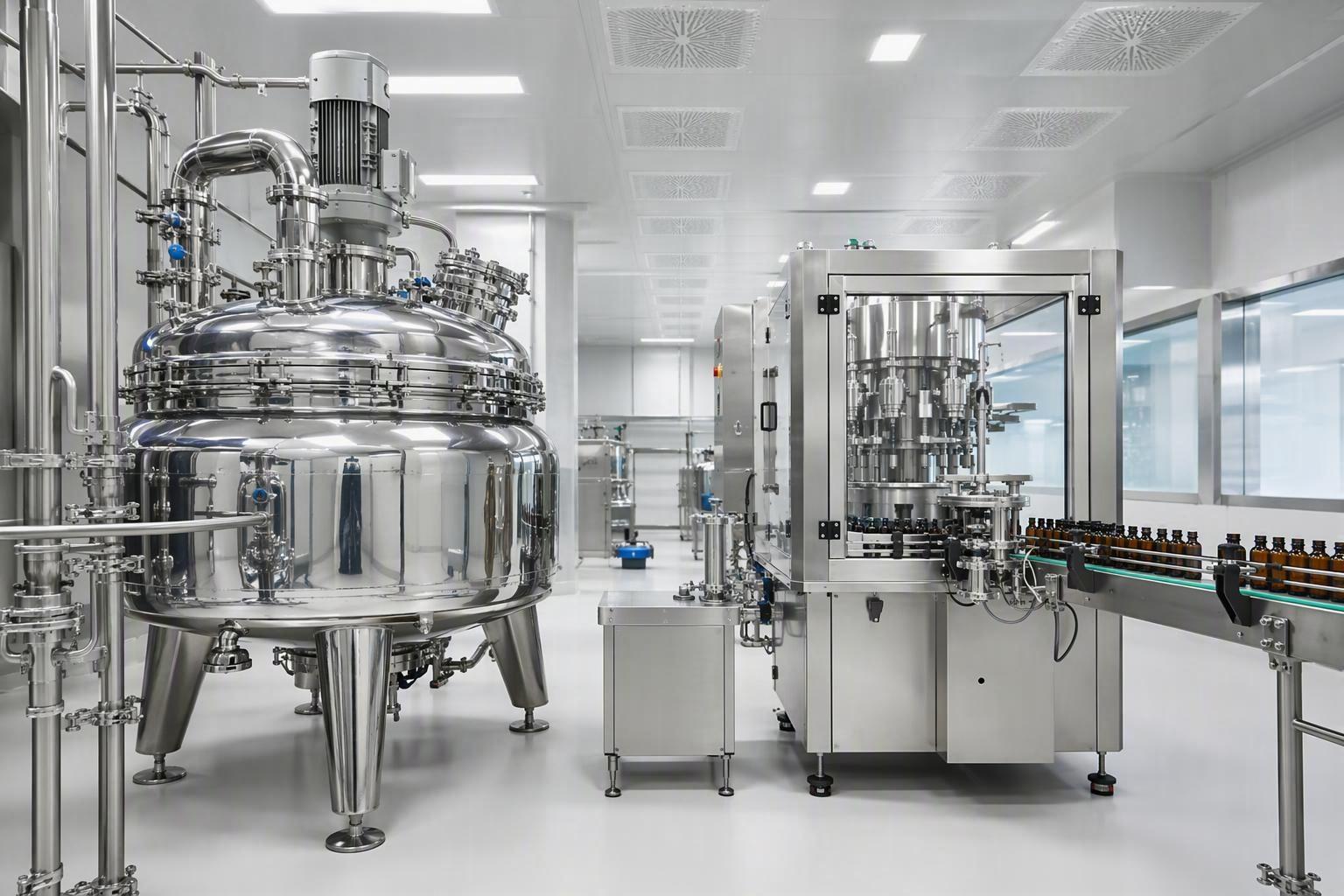 Pharmaceutical Production Lines A stainless steel vacuum emulsifying vessel and automatic filling station inside a GMP cleanroom, illustrating a customized pharmaceutical production line