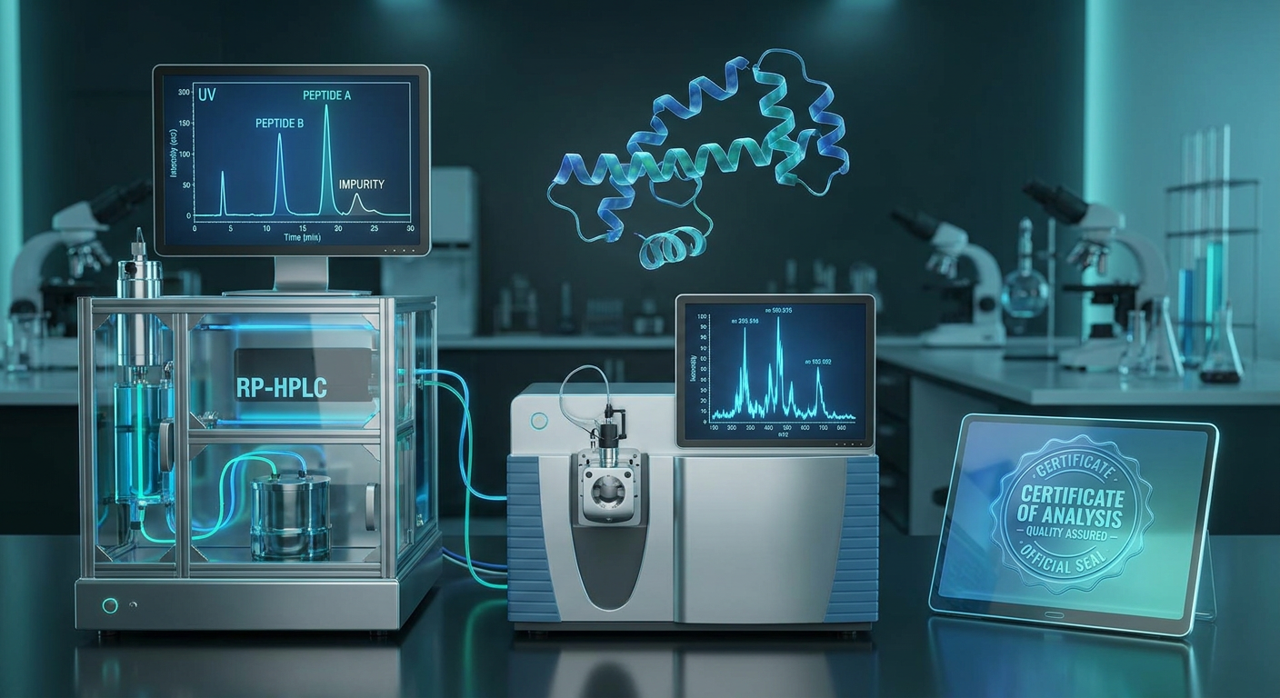 Advanced peptide quality documentation artwork showing RP-HPLC chromatograms, mass spectrometry spectra, and Certificate of Analysis quality verification