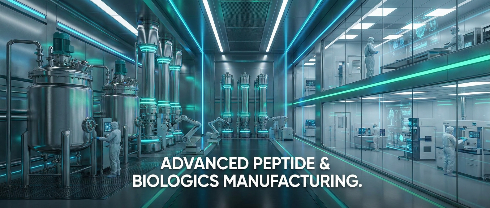 Large-scale peptide synthesis reactors and Class 100 cleanroom equipment representing global peptide CDMO manufacturing capacity