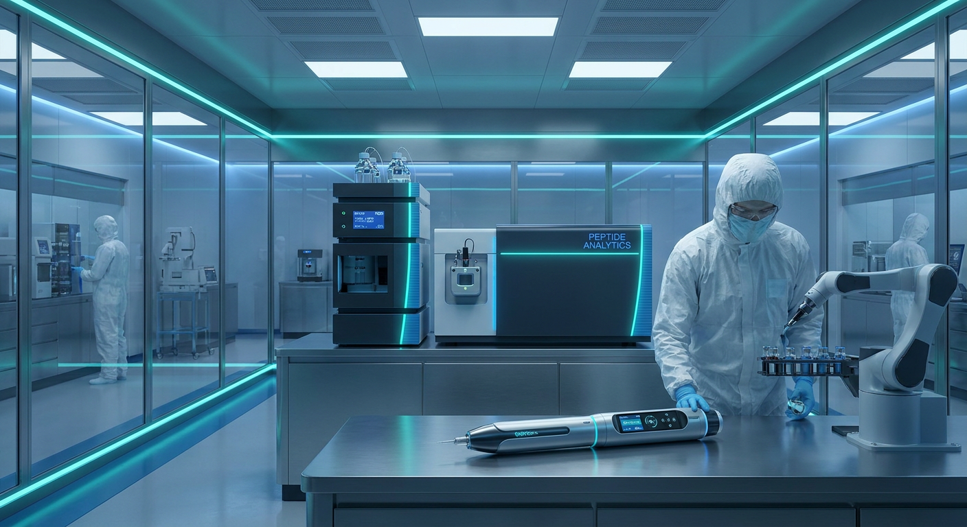 Biotechnology laboratory scene with LC-MS analytical instruments and precision drug delivery devices