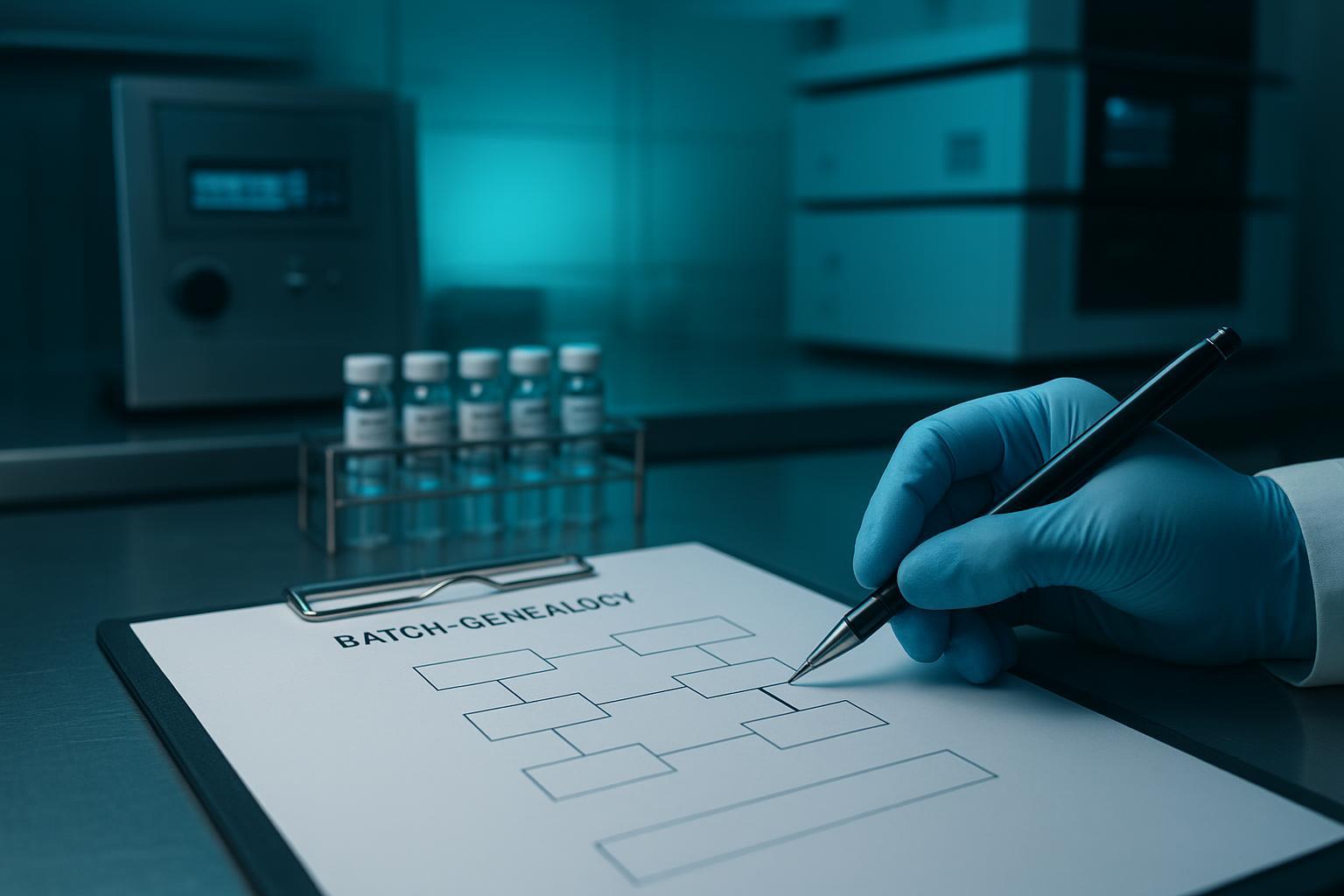 an anonymised batch-genealogy record showing a raw material lot number, synthesis run ID, purification lot, analytical sample ID and shipment referenc