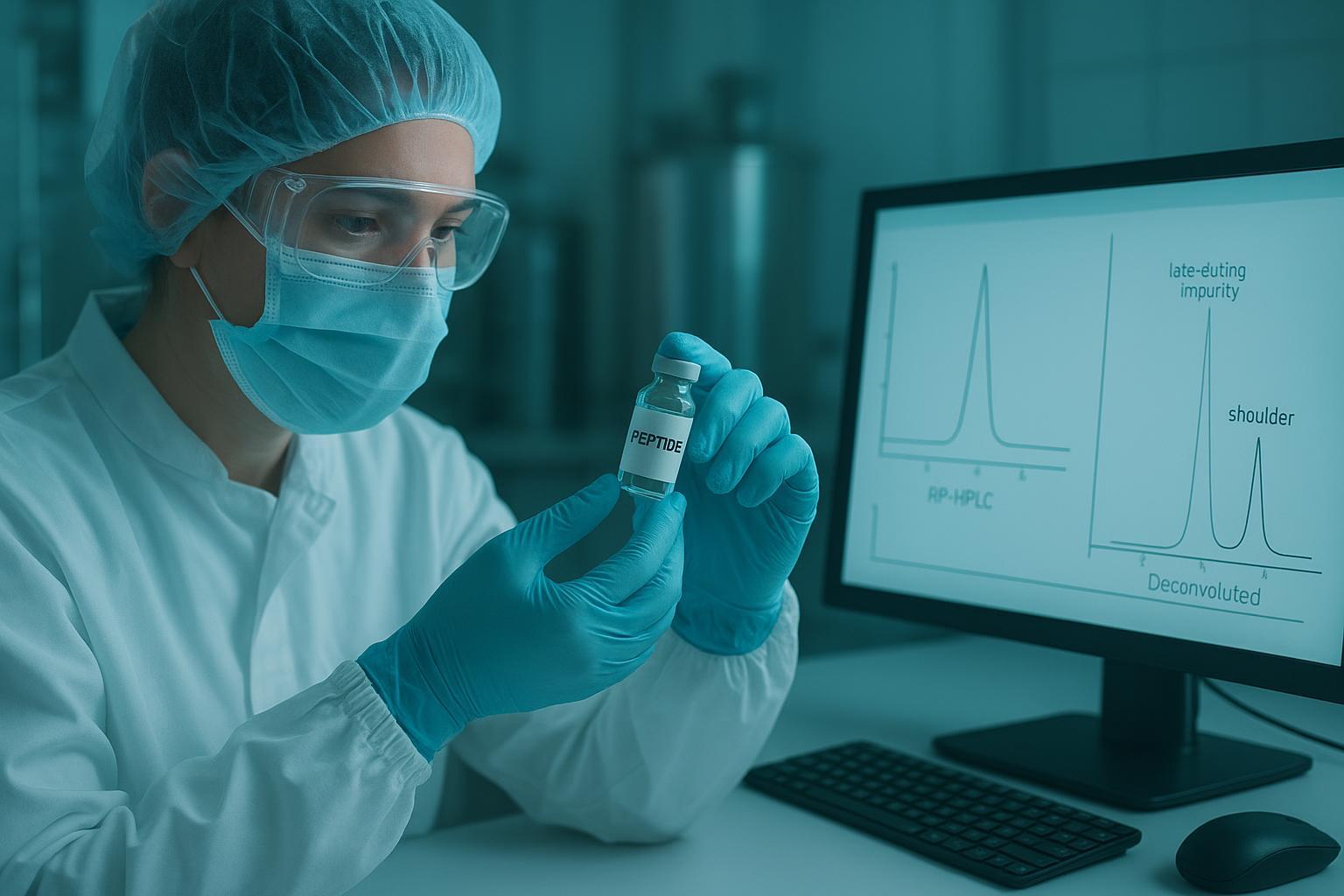 an annotated RP-HPLC chromatogram with the main peak, a shoulder, and a late-eluting impurity marked, alongside the corresponding deconvoluted LC-MS m