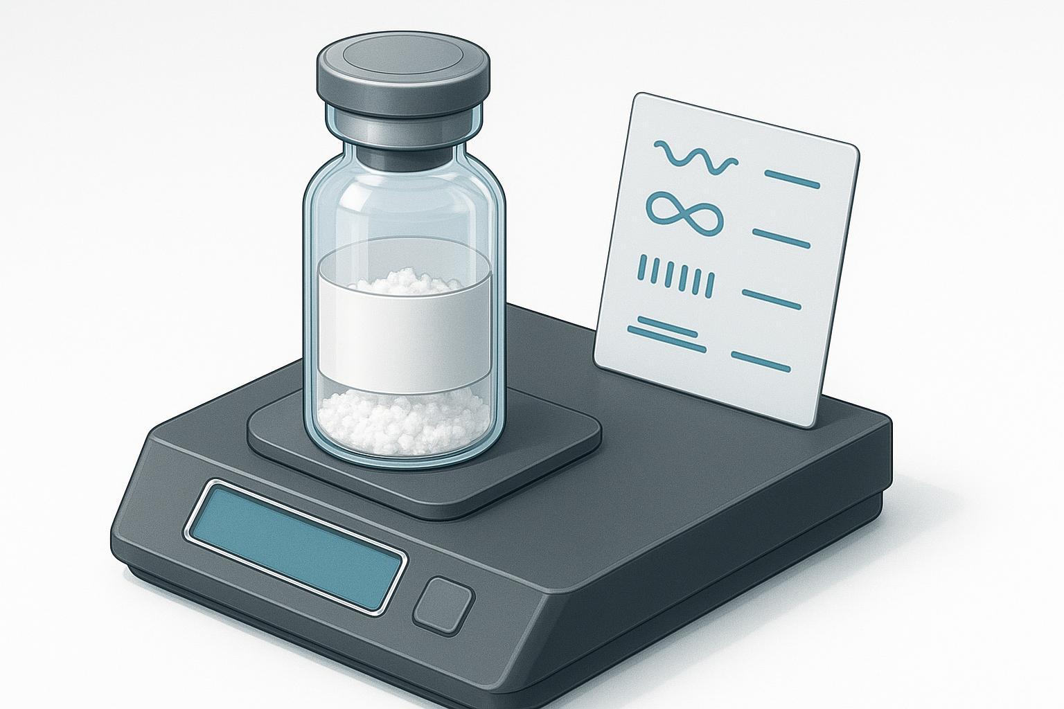 a single lyophilized vial broken into its mass components — target peptide, counterion, bound water, residual salts — with the label claim and the act