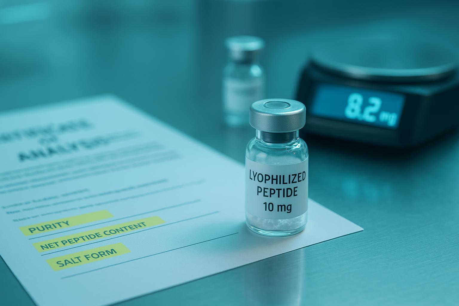 a CoA excerpt with the purity field, the net peptide content field and the salt-form field highlighted, and a second panel showing a vial label whose 