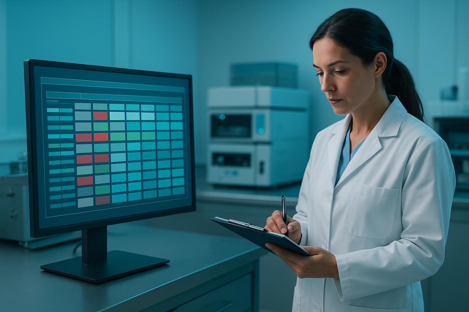 an anonymised metrics or status view listing batch-ID lookup success, open deviations, method-version mismatches and audit-trail review completion for