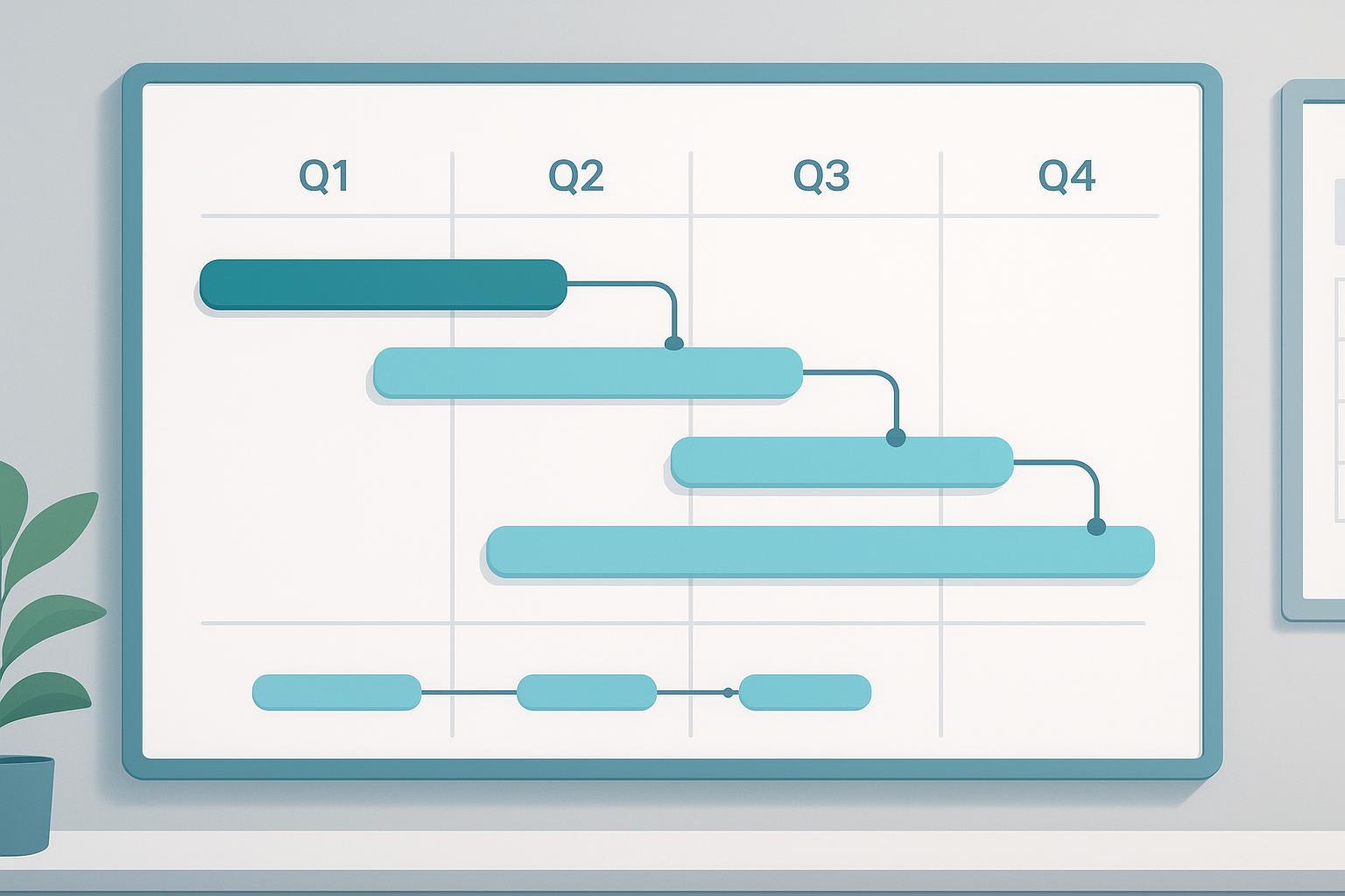 a horizontal timeline with quarterly gates, showing synthesis, characterization, and tox/CMC commitment blocks sized to their typical duration, with p