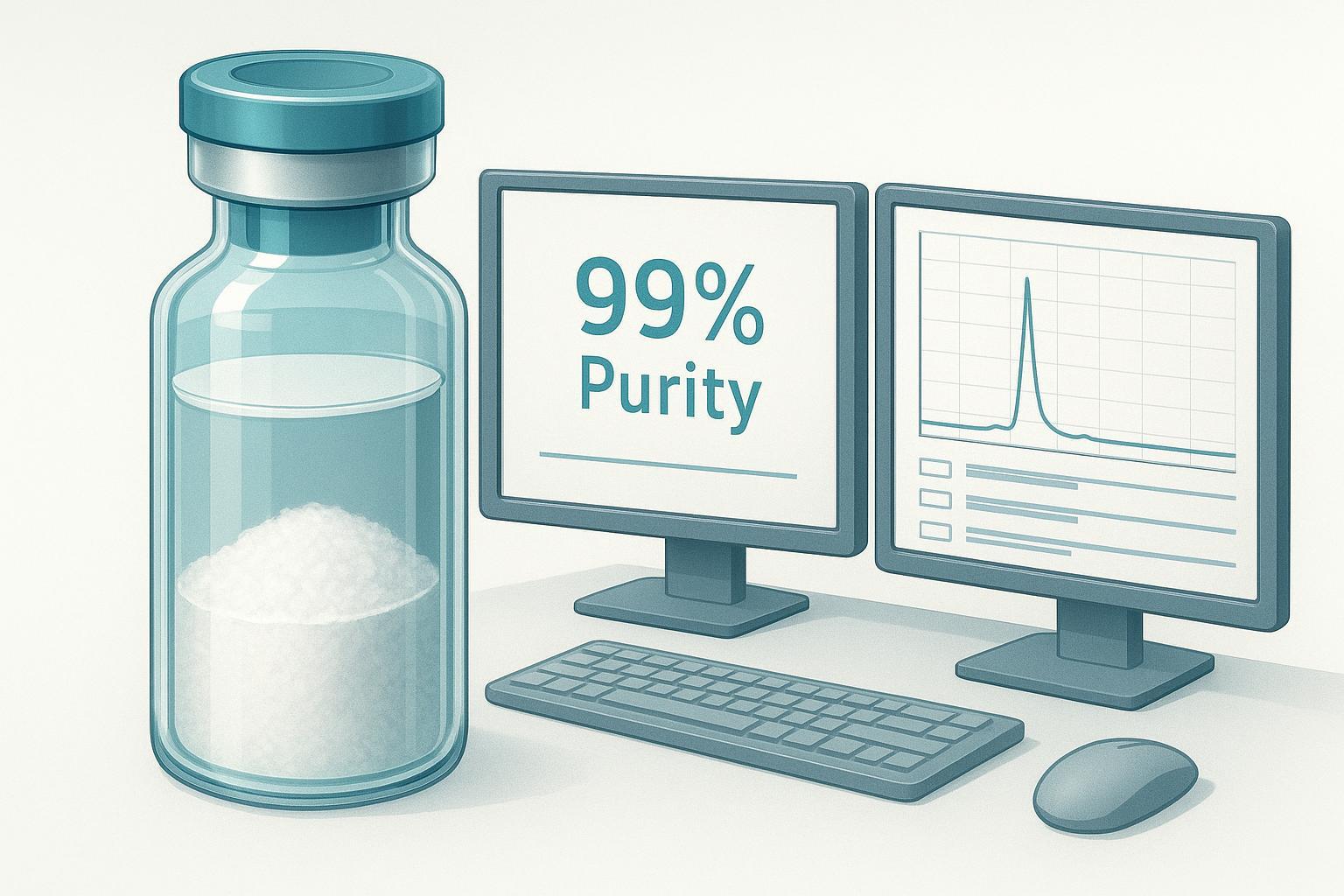 two supplier product pages side by side — one showing a purity percentage with no method, lot or chromatogram, the other showing a lot-specific chroma