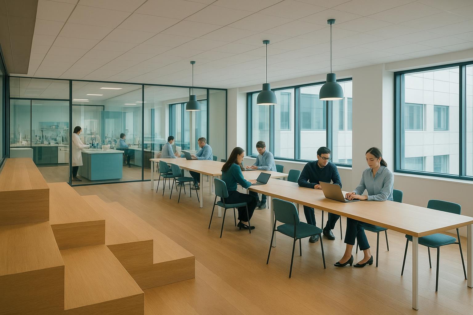 Bachem Bubendorf New Work -lattia, jossa avoin työskentelyalue ja modulaarinen puinen tribüüni näkyvät