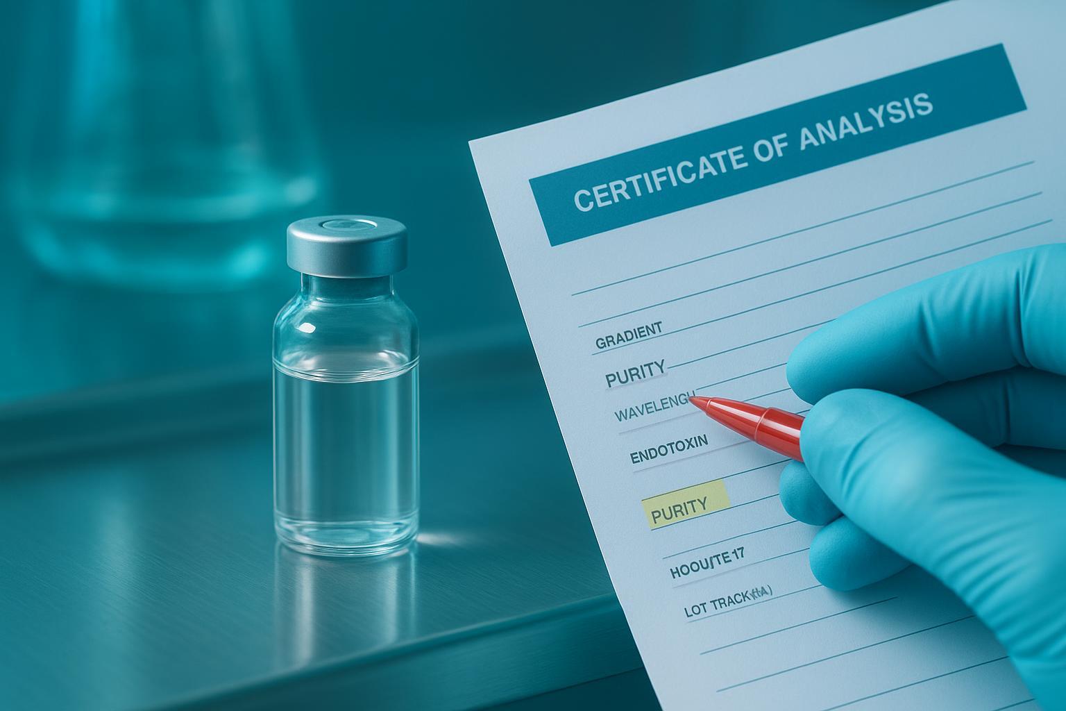 a redacted sample CoA with the purity line highlighted and the missing fields — gradient, wavelength, endotoxin units, lot traceability — called out i