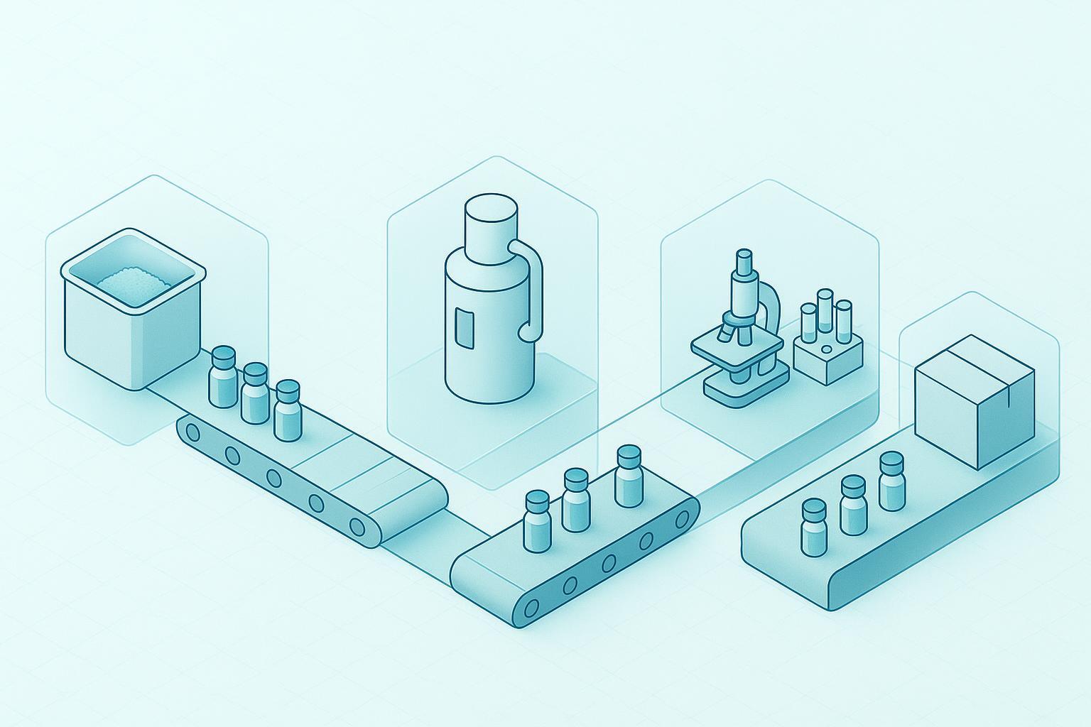 a lot-genealogy flow from raw material receipt through synthesis, purificación, analytical release testing, packaging and shipment, with the document 