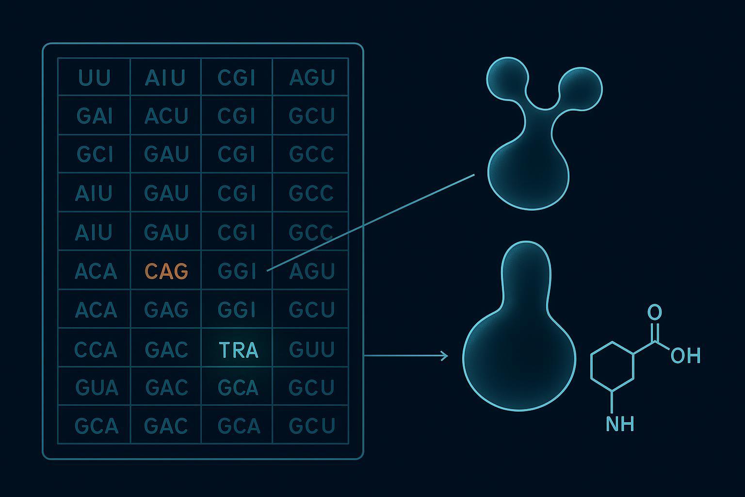 a labeled schematic of the 64-codon table with the amber (UAG) stop codon and one sense codon highlighted, each arrowed to an orthogonal tRNA/syntheta
