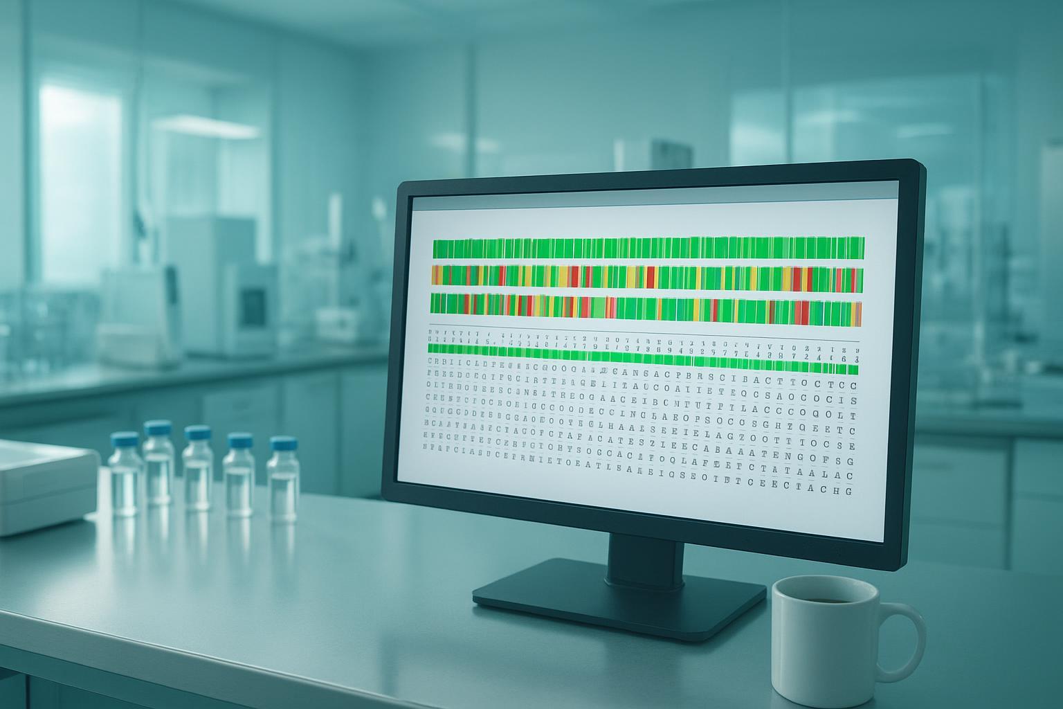 an anonymized sequence-coverage map showing peptide fragments aligned against the full sequence with covered and uncovered regions marked