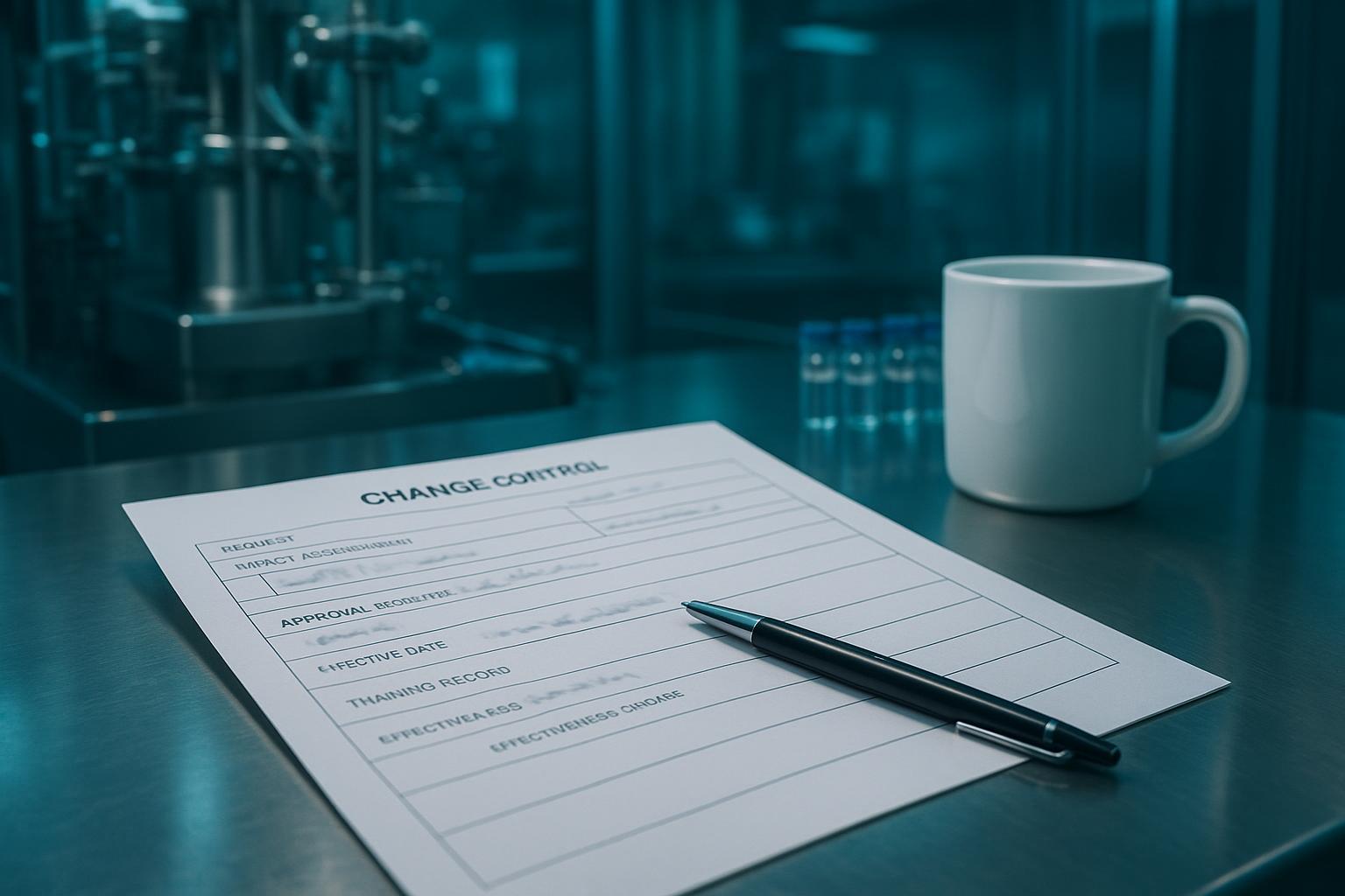an anonymised change-control record showing request, impact assessment, approval signature, effective date, training record and effectiveness check fi