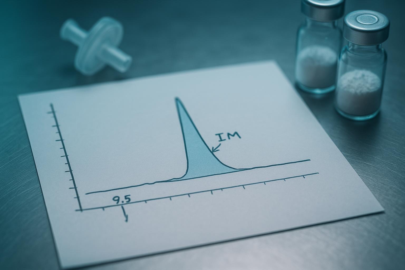 an RP-HPLC trace with the main peak integrated and the impurity region between the main peak and the solvent front marked up with retention-time annot