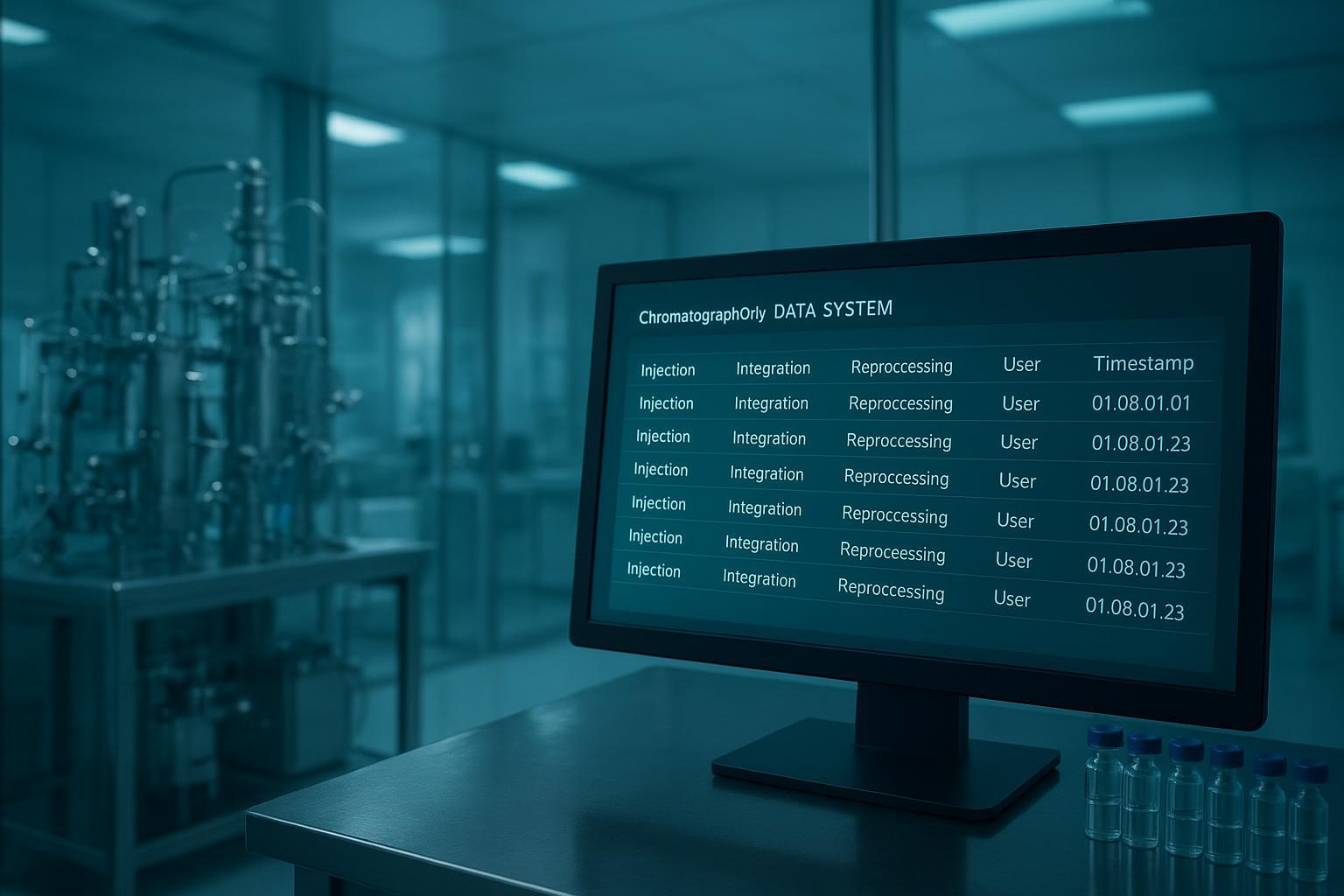 a chromatography data system audit trail view listing injection, integration and reprocessing events with user and timestamp columns
