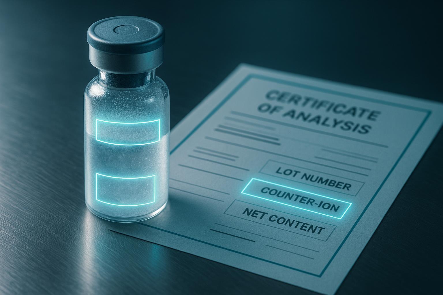 a peptide vial beside its printed certificate of analysis, with the lot number, counter-ion field and net-content line called out on both