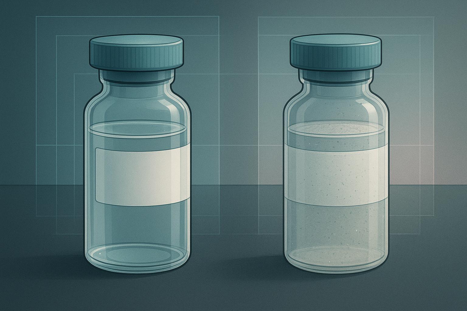 two vials of reconstituted peptide solution, one clear and one showing visible haze and fine particulate, photographed against a dark background