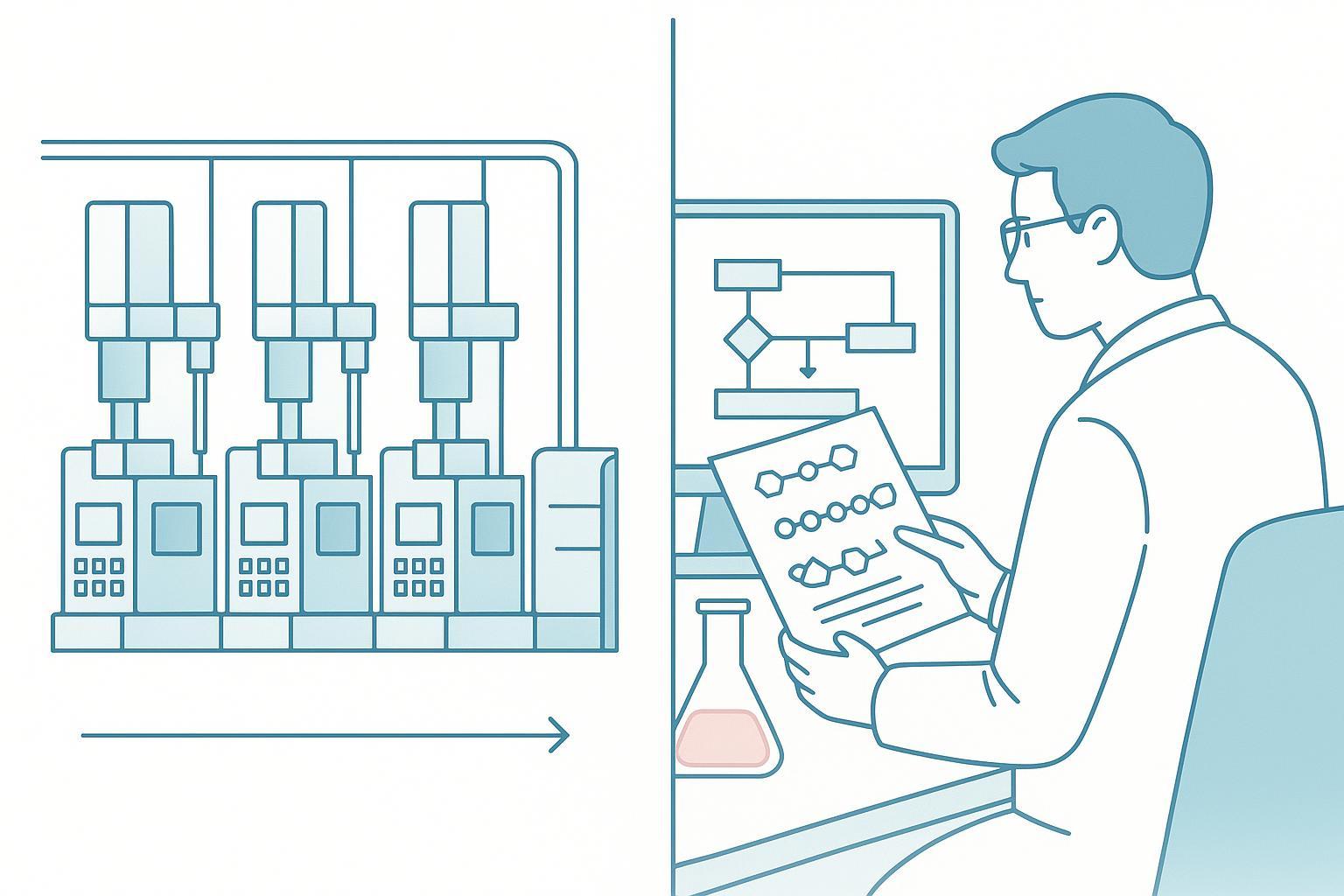a side-by-side flow of a standard platform synthesis route versus a specialist route with an added sequence-review and route-selection step