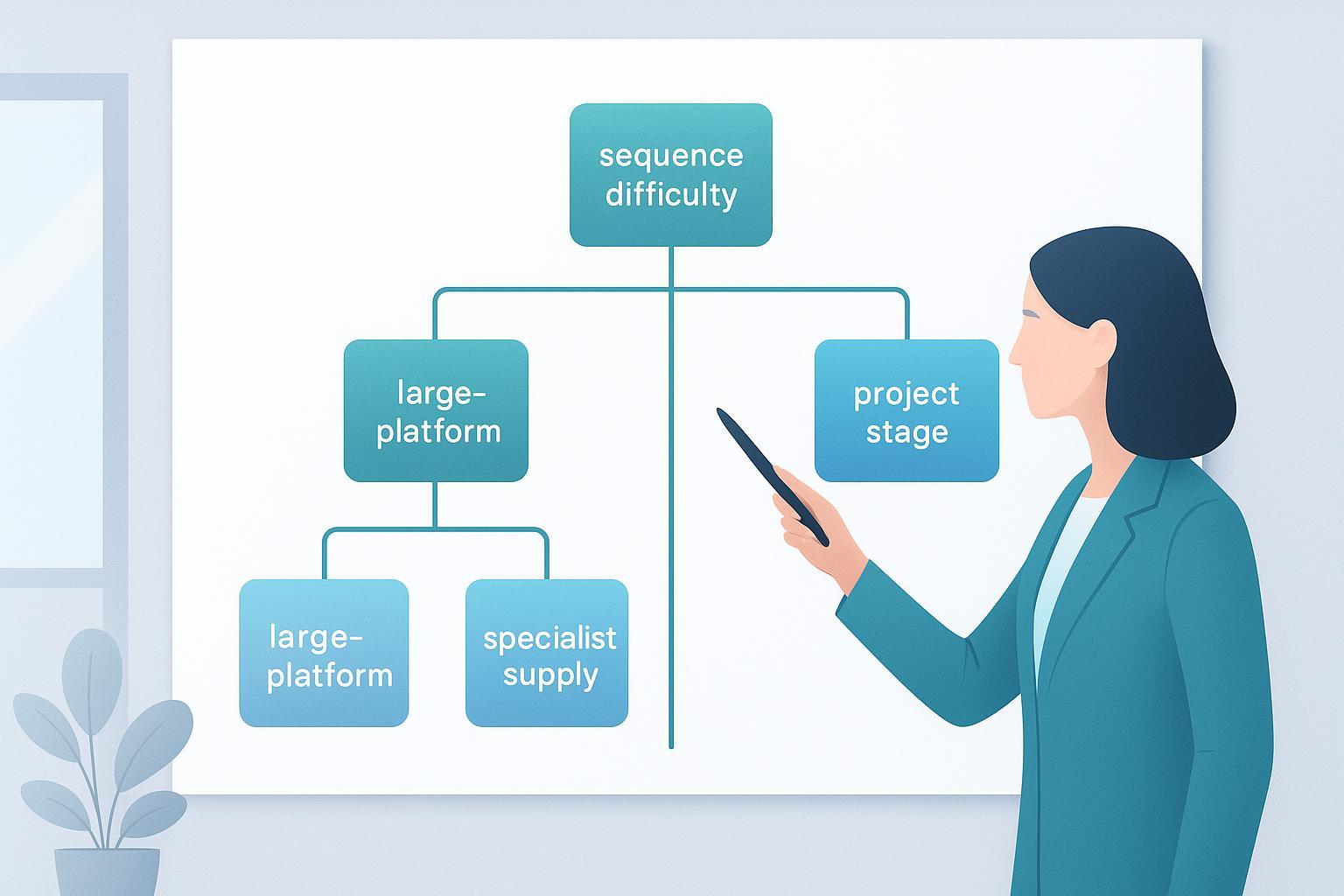a decision tree branching on sequence difficulty and project stage toward large-platform or specialist supply