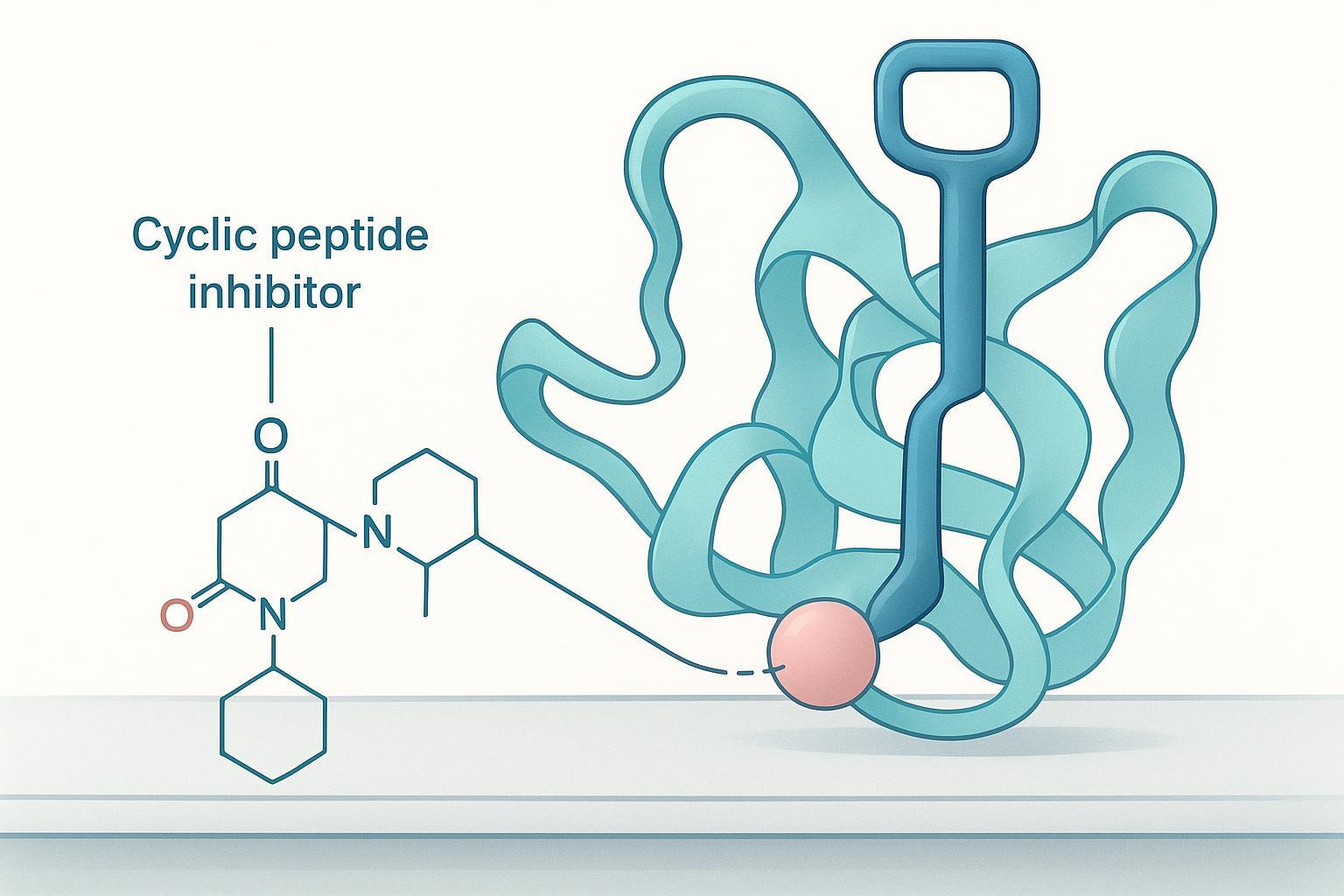 a working cyclic HIF-1α inhibitor shown as a key in the PAS-B pocket, with a linker and VHL-recruiting element drawn as a handle welded onto the ring