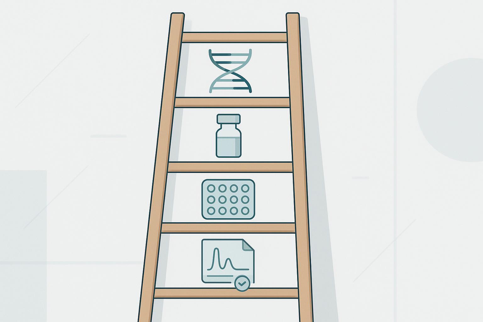 a five-gate readiness ladder from sequence to IND-ready candidate, each gate labelled with the evidence artifact it produces