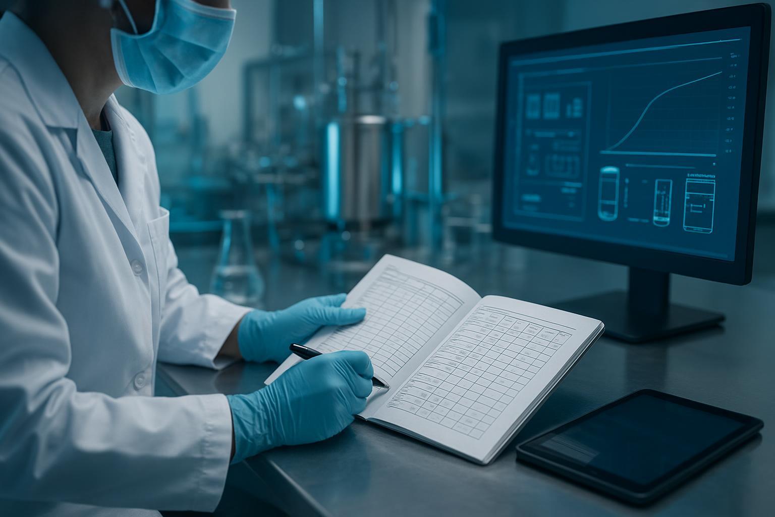 a bench-side view of a scientist reviewing an electronic lab notebook entry beside an instrument readout
