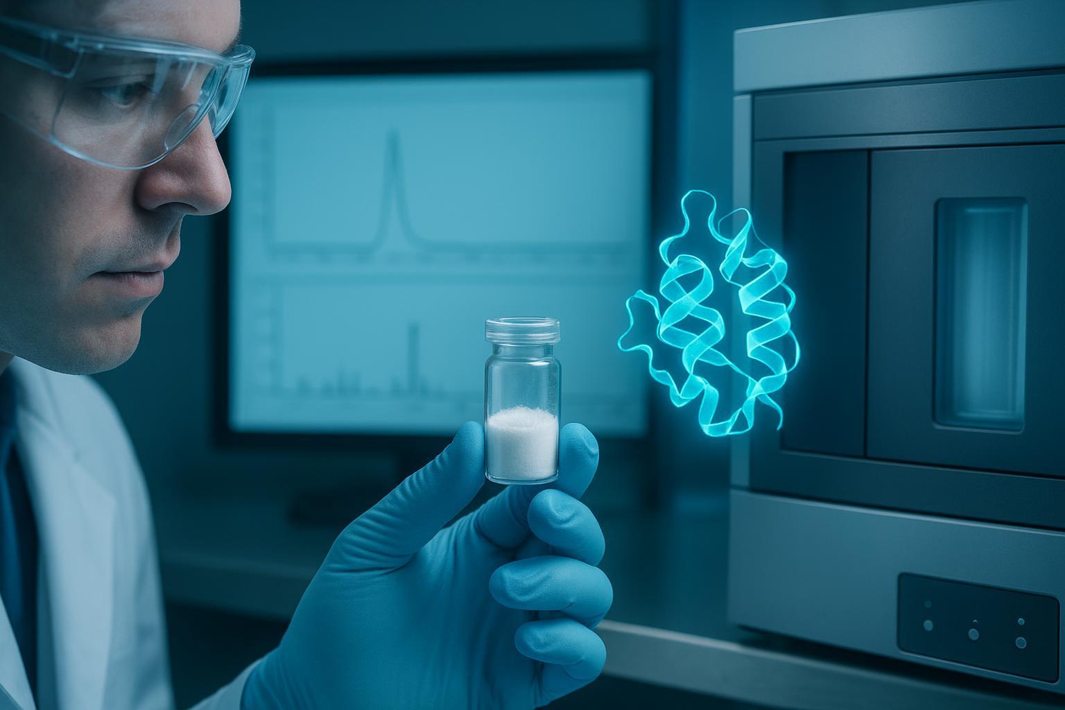 an overlaid RP-HPLC chromatogram and deconvoluted ESI mass spectrum for a single peptide lot, with the main peak, a truncated deletion shoulder, and t