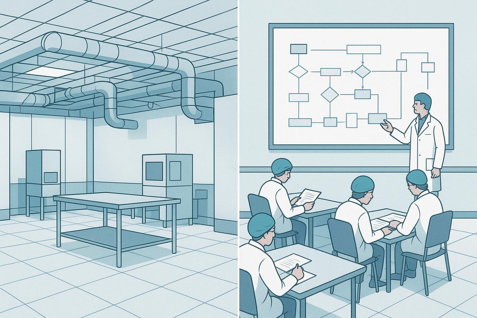 a side-by-side contrast between a completed facility build-out and the staffing, transfer and documentation workstreams that must still be finished be