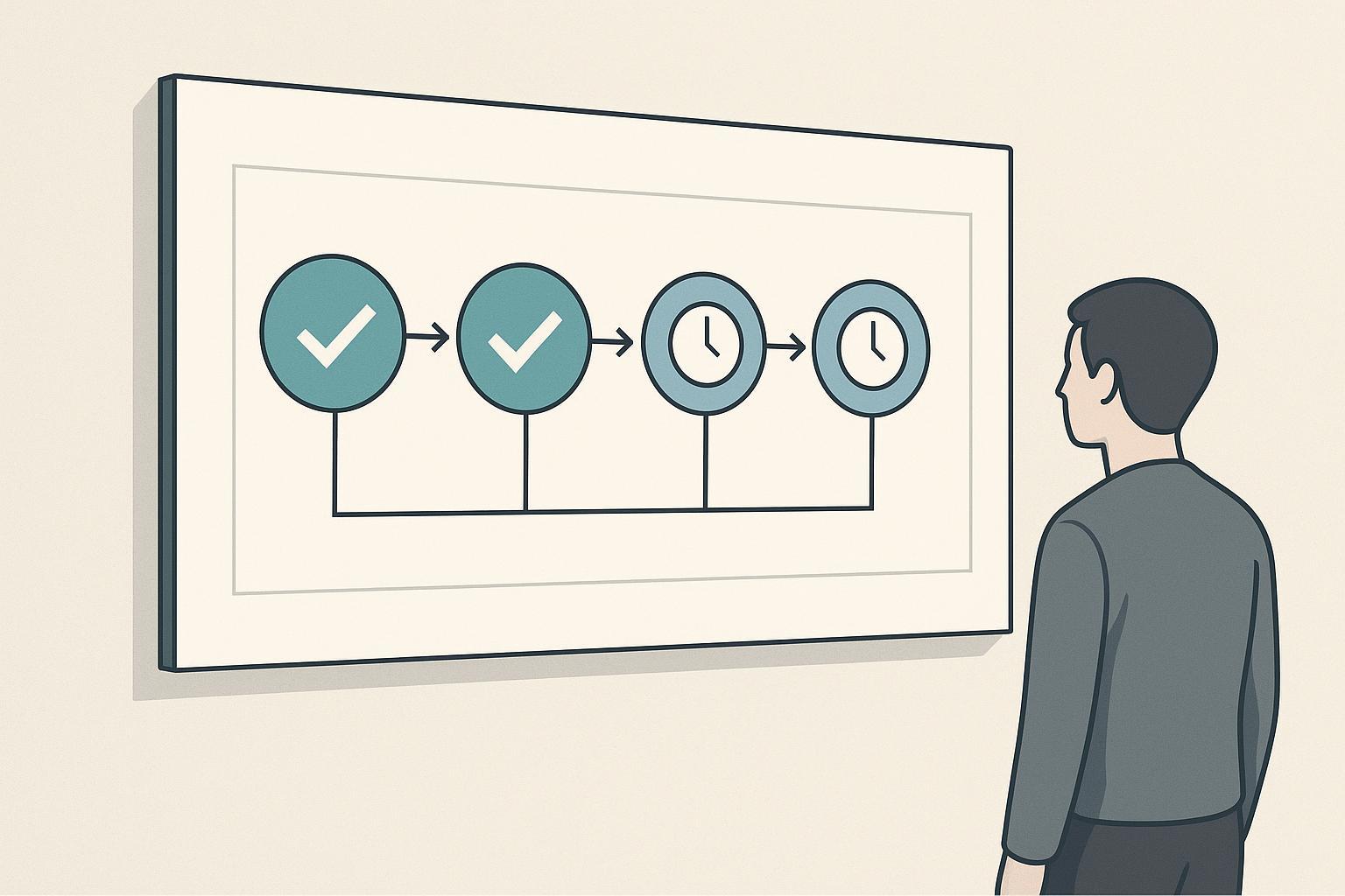 the five evaluation steps arranged as a sequence with the quick wins marked early and the longer-term qualification work marked late, showing that the