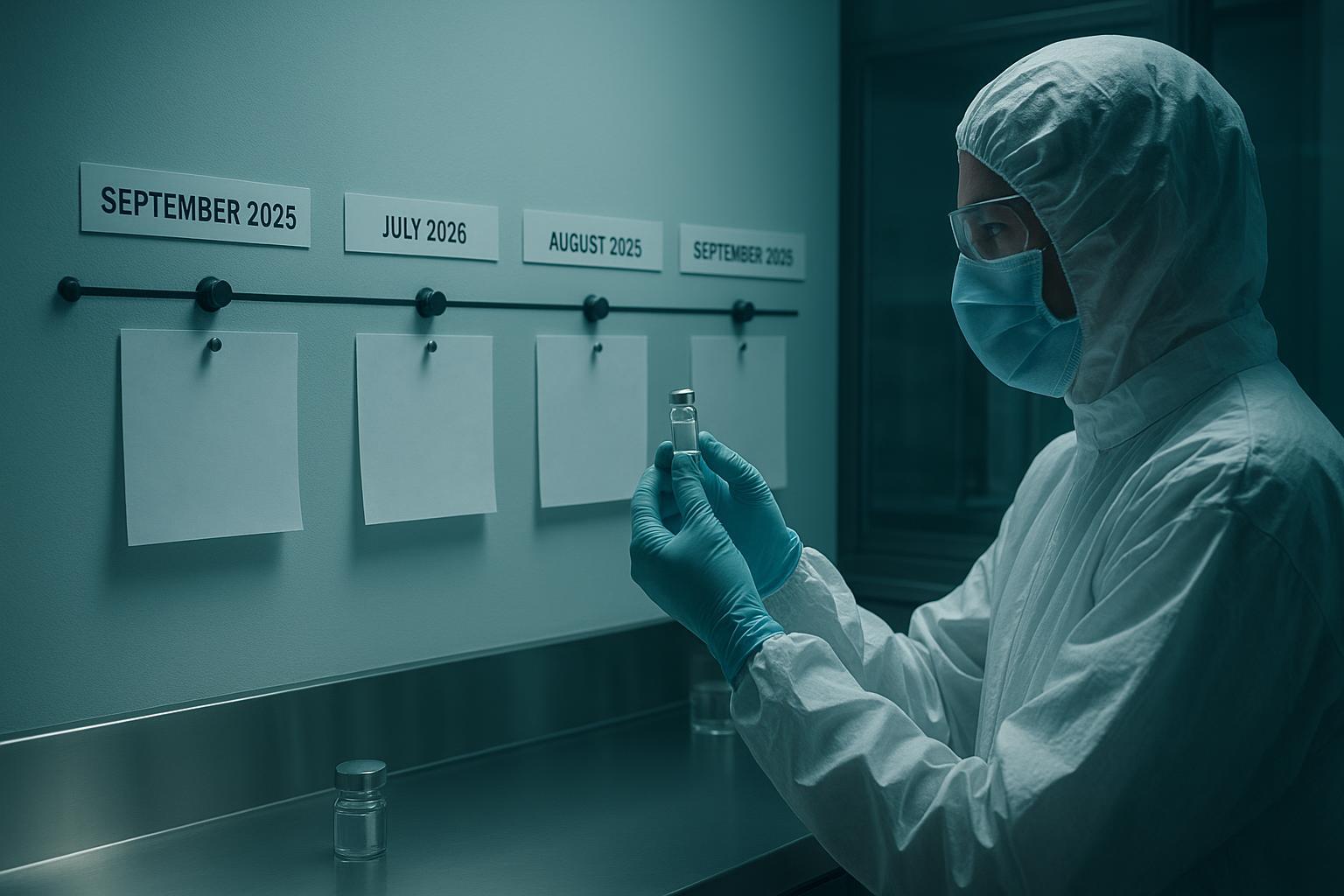 a horizontal event strip from September 2025 to September 2026 marking the FDA complete response letter citing a third-party manufacturing site, the J