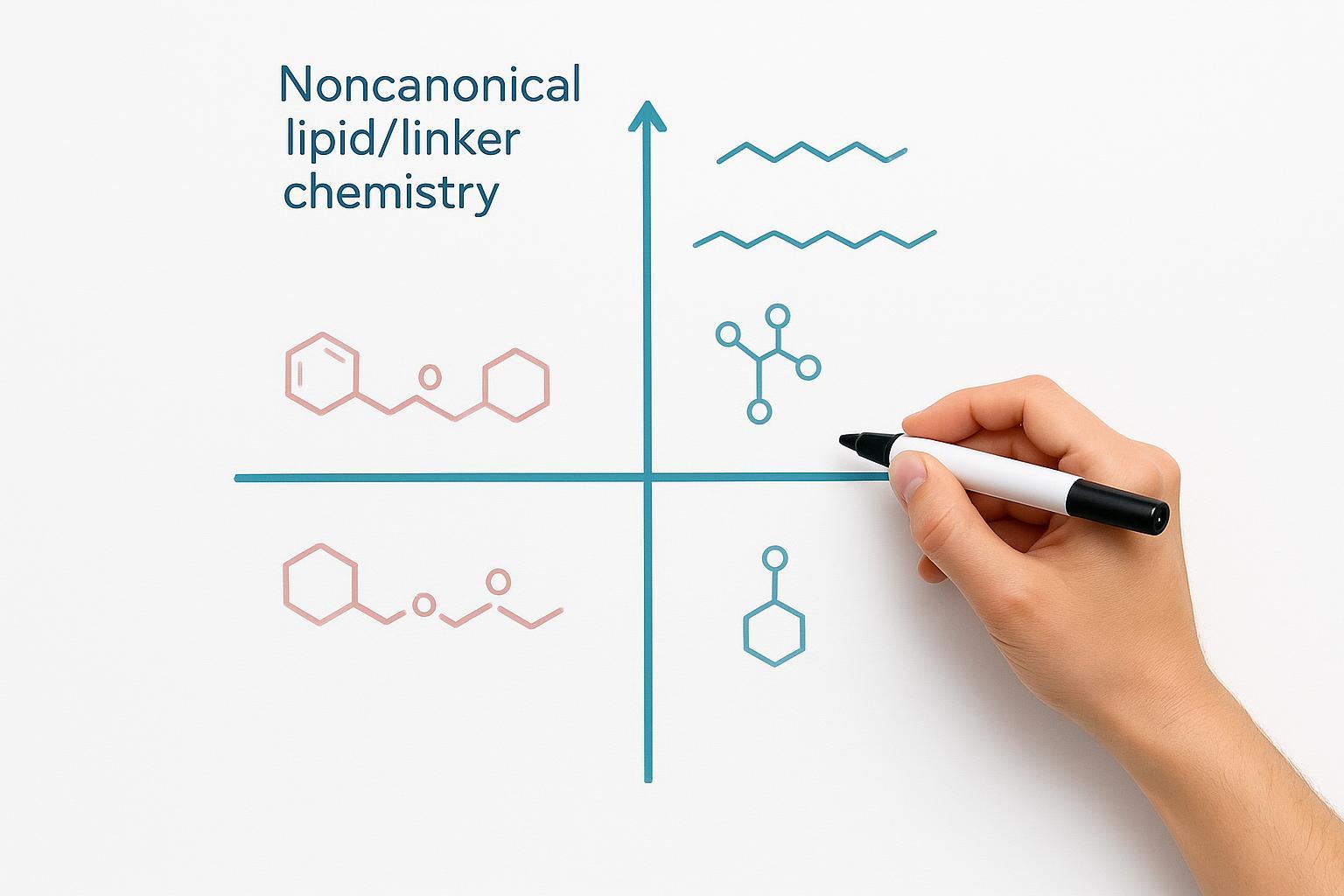 a two-axis schematic separating noncanonical residue chemistry from noncanonical lipid/linker chemistry, with example building blocks and lipid classe