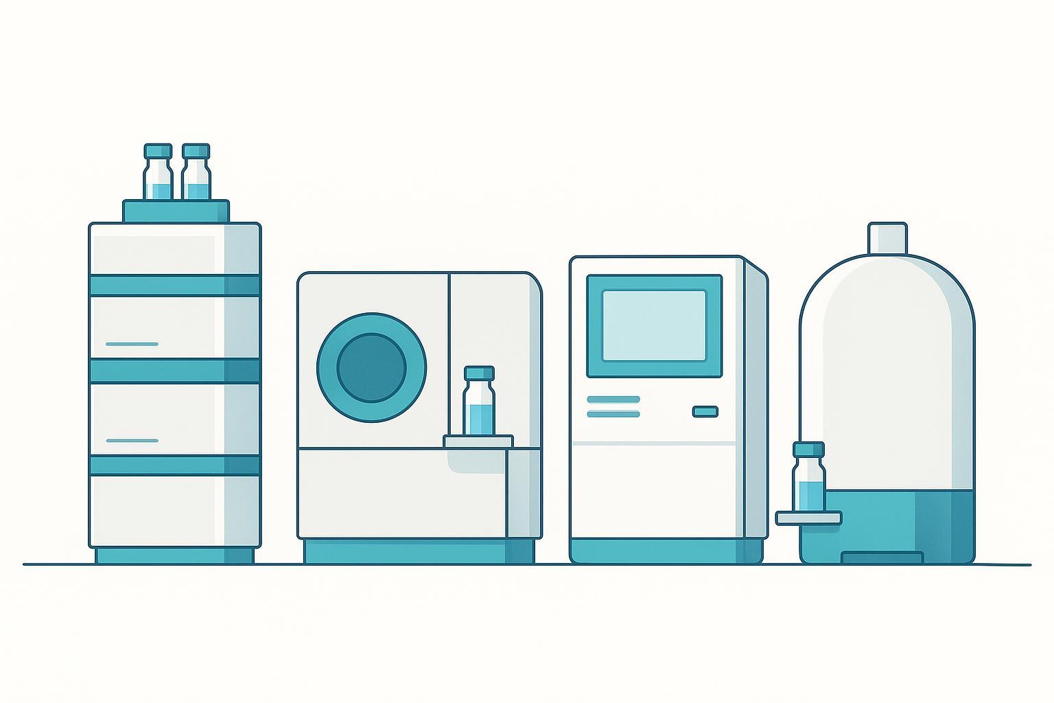 an orthogonal characterization stack showing RP-HPLC, LC-MS/MS, amino acid analysis, and chiral/NMR each answering a different identity question