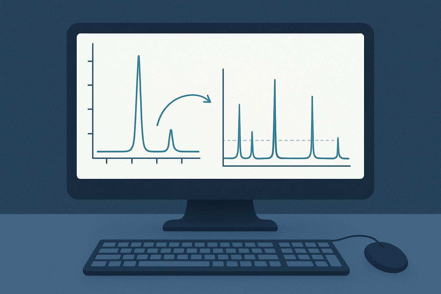 a side-by-side view of an RP-HPLC trace with an integration table and a matching mass spectrum showing observed versus theoretical mass