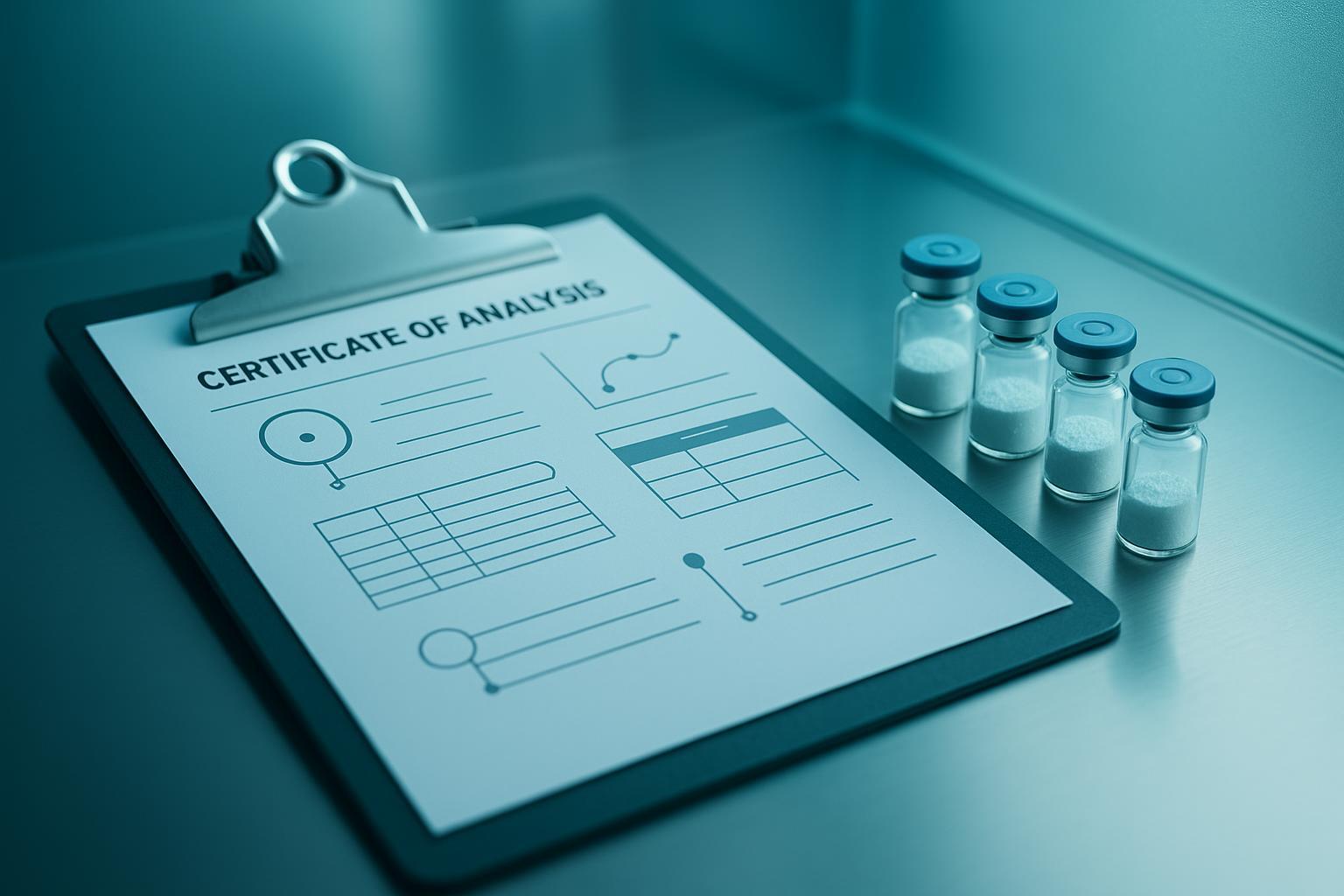 a mock certificate of analysis with numbered callouts on the batch identifier, MS observed versus theoretical mass, HPLC purity with integration table