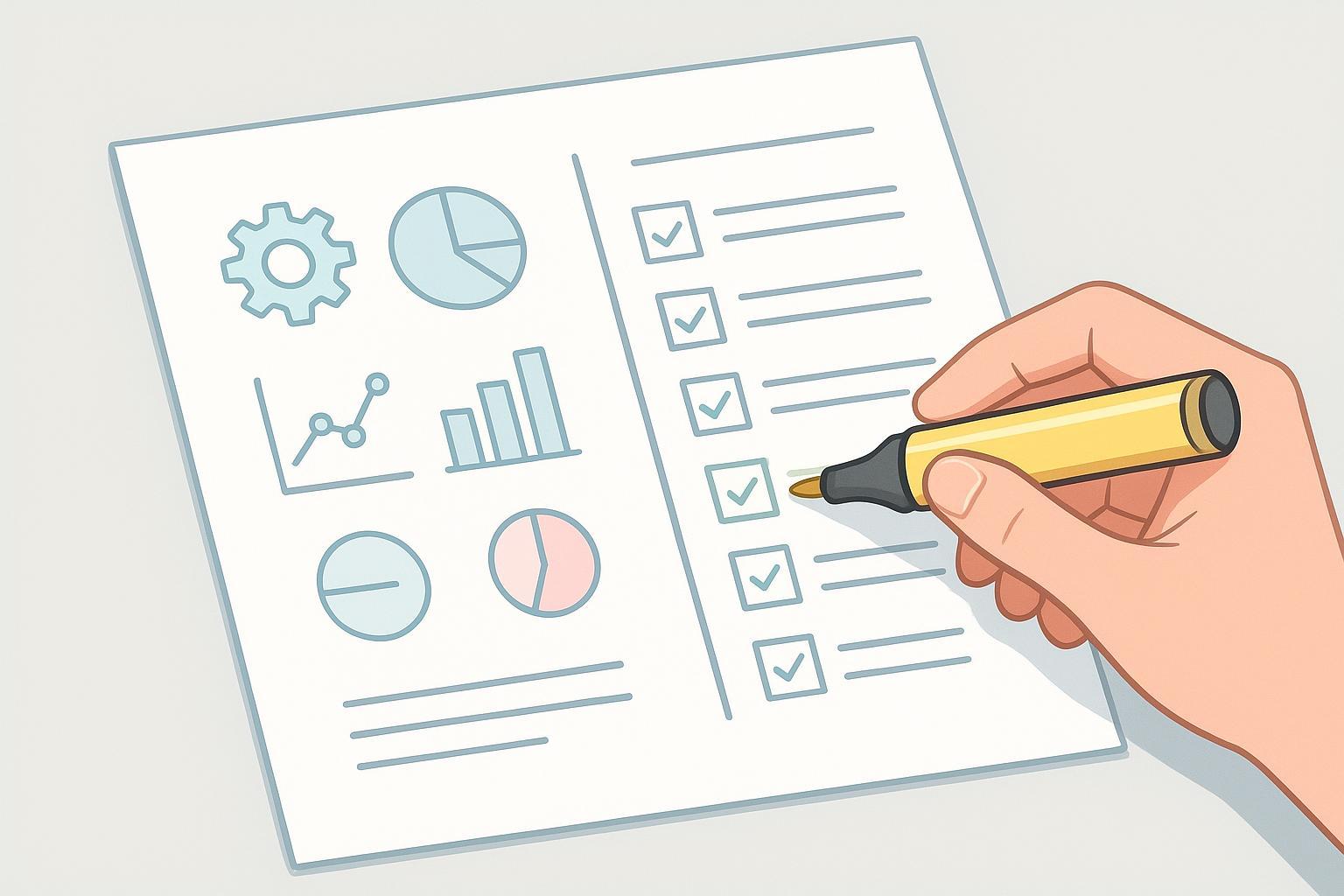 a one-page summary of the five-parameter framework with the analytical confirmation checklist alongside it, arranged as a single reference sheet