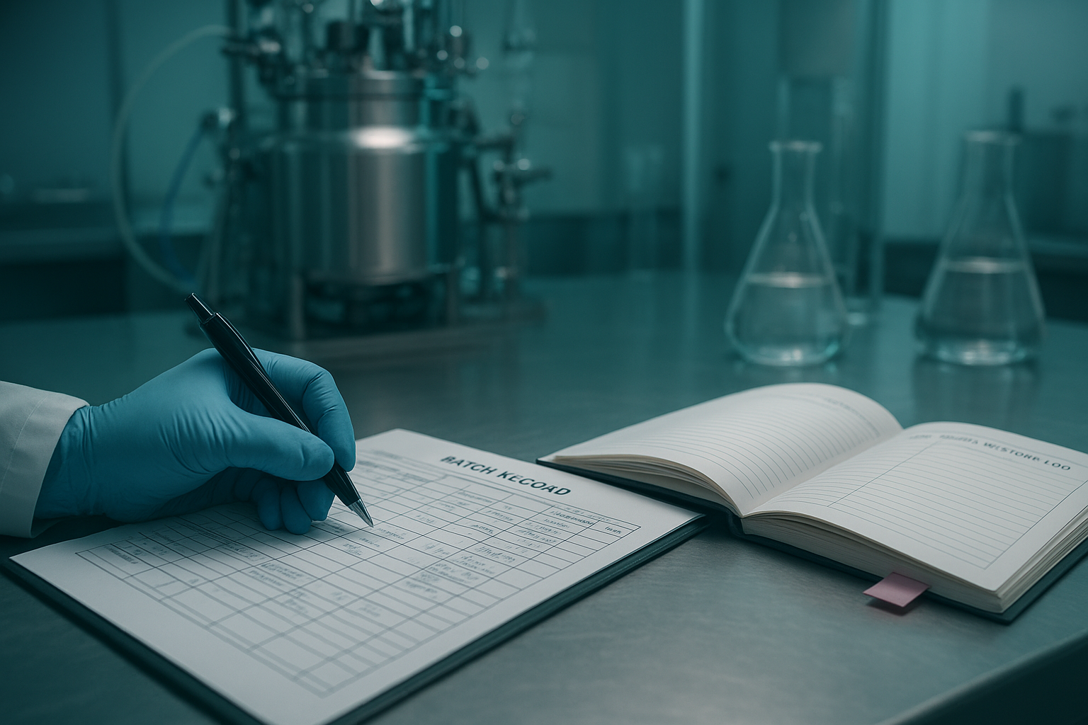 an annotated excerpt of a batch record and a change-history log with the fields a sponsor should verify highlighted (deviation entry, investigation cl