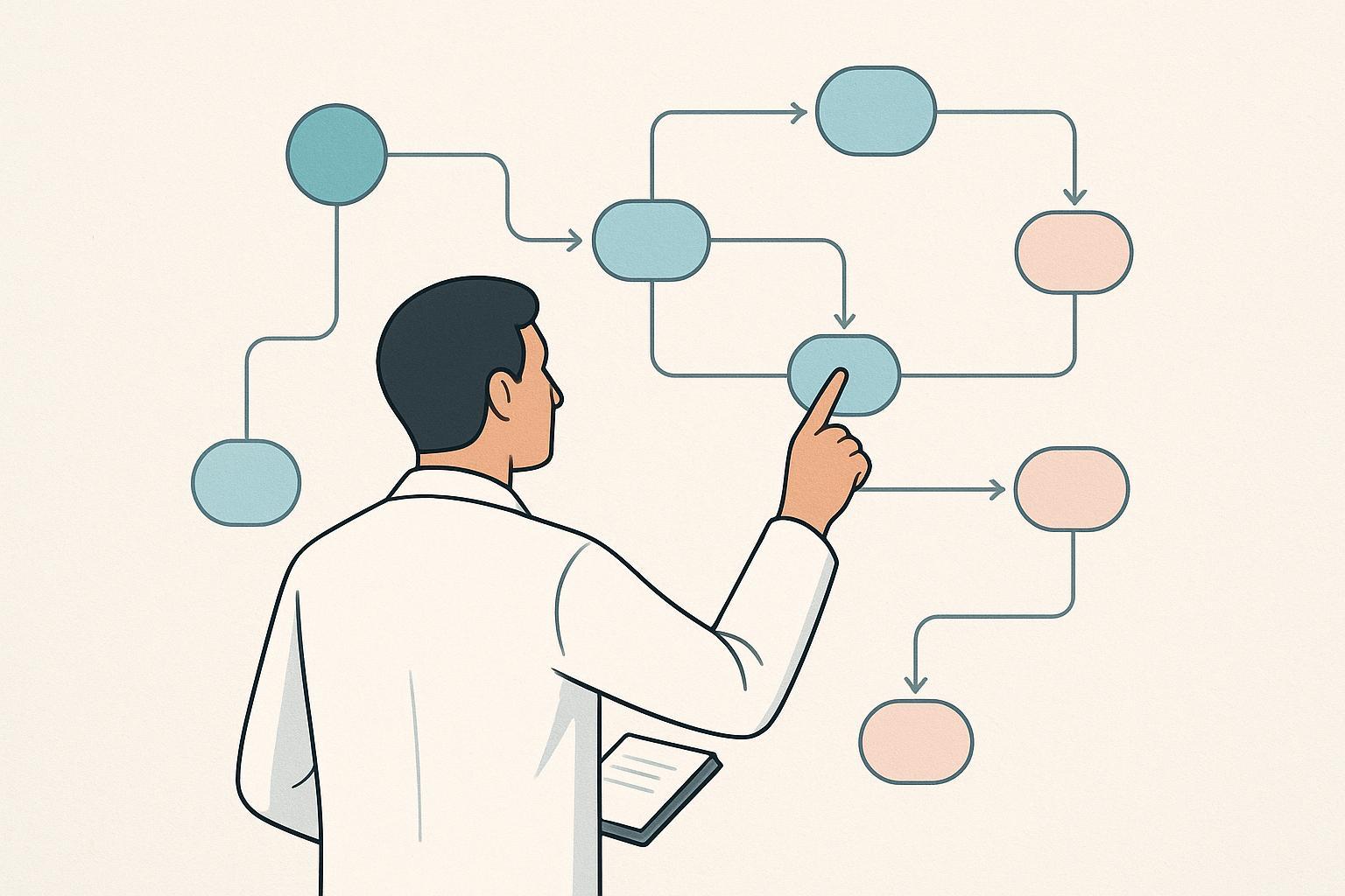 a simple decision tree that routes a sponsor program by phase (research, preclinical, clinical, commercial) and filing pathway (US, EU, APAC-only) juurde