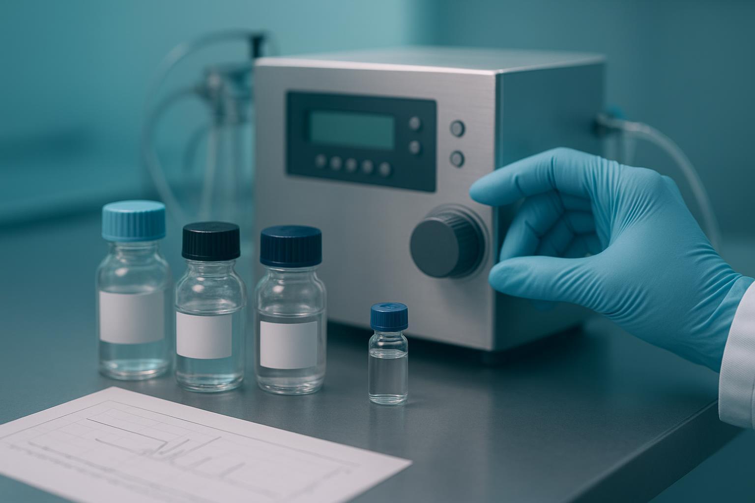 a bench-level view of a peptide synthesis setup with labeled reagent bottles and a sample vial beside a printed analytical report